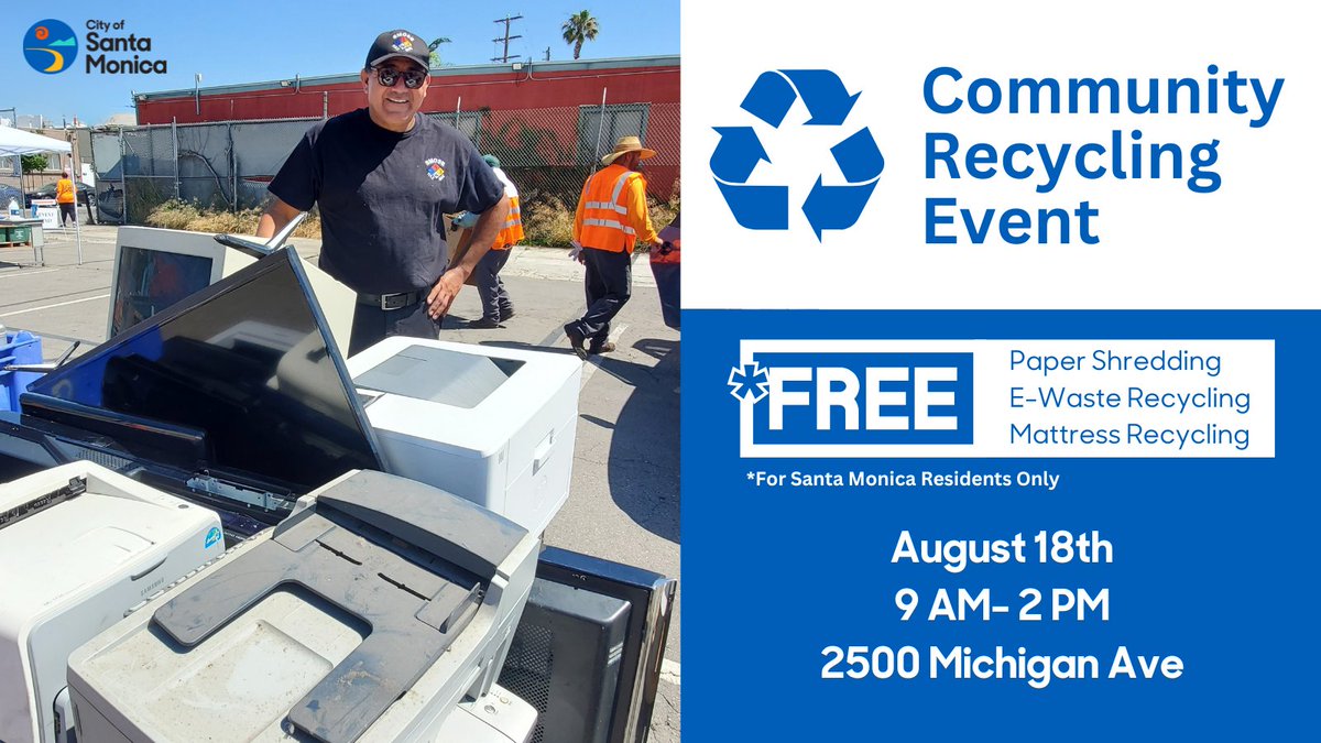 santamonicacity's tweet image. Community recycling event ♻️
We are hosting a free recycling event on Aug. 2 at 2500 Michigan Ave. from 9 a.m. -2 p.m.
Bring your used mattresses, box springs, e-waste and up to five boxes of paper for shredding!
🔗: ow.ly/Y7iG50WiAyZ