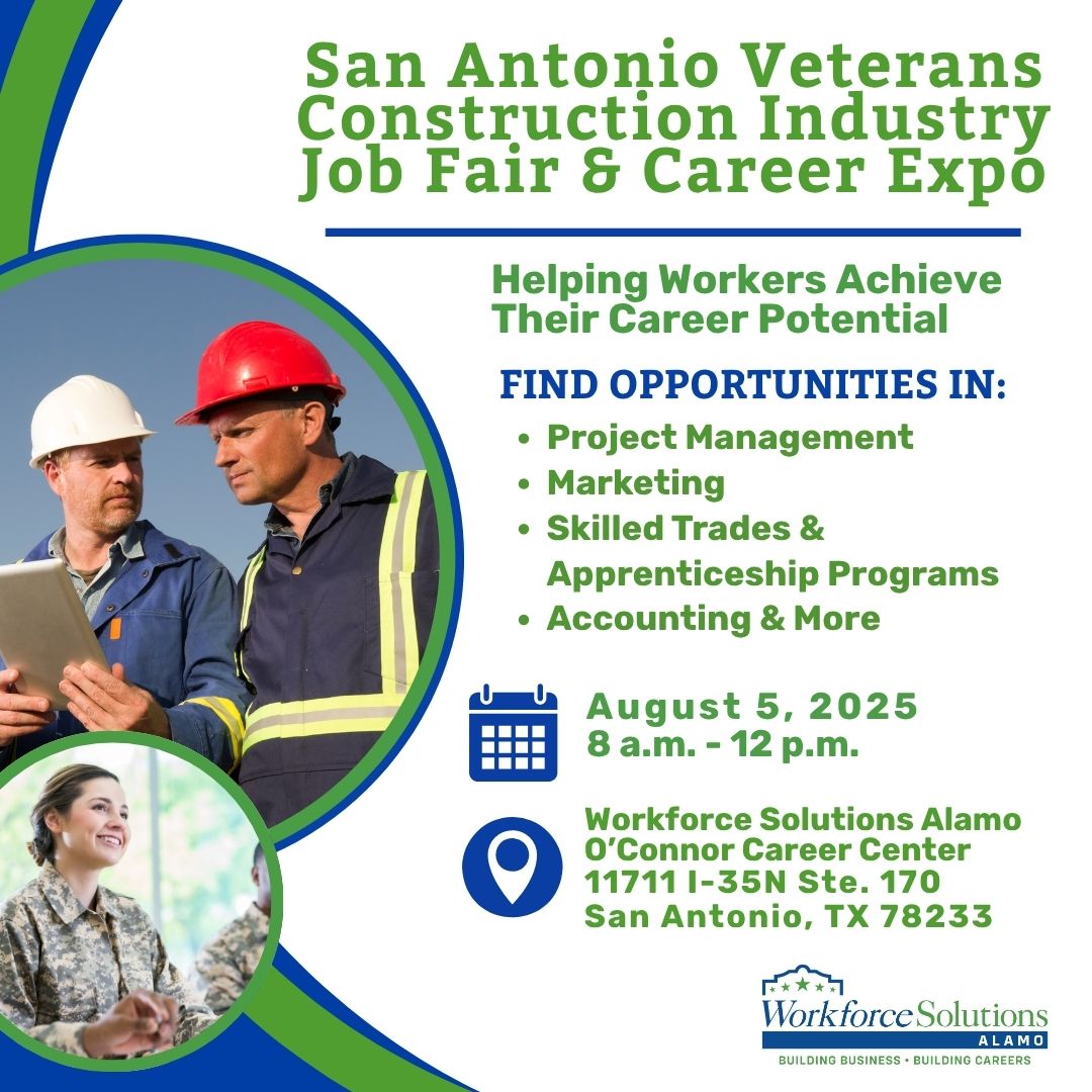 Veterans &amp; job seekers in the construction industry!

Join #WorkforceSolutionsAlamo for the SA Veterans Construction Job Fair &amp; Expo.

📅Aug 5, 8 AM – 12 PM
📍O’Connor Career Center
11711 I-35N Ste. 170, San Antonio, TX 78233

Register: eventbrite.com/e/sa-veteran-c…
#AlamoArea #JobFair