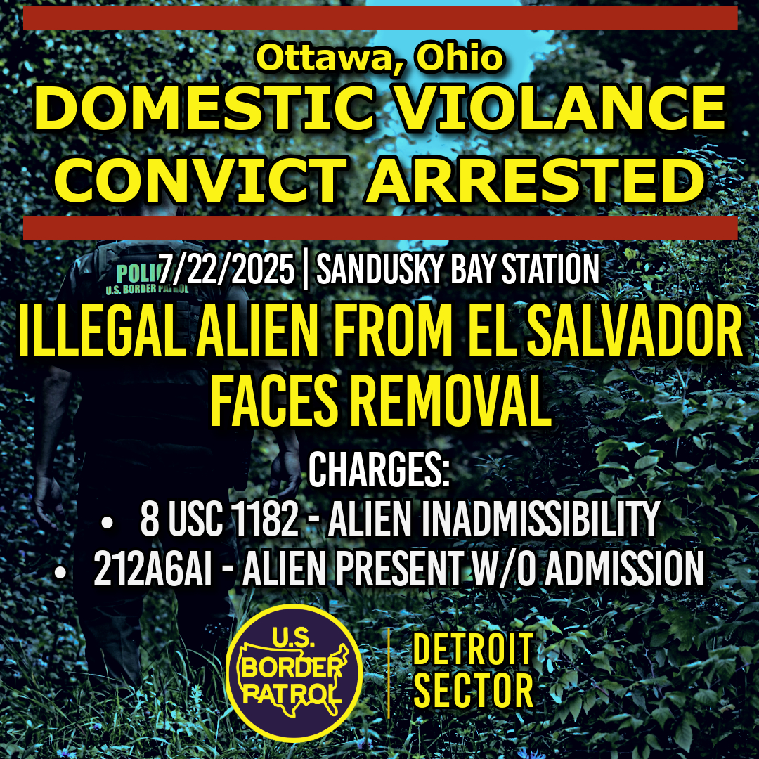 USBPChiefDTM's tweet image. Sandusky Bay Station agents, in partnership with local law enforcement, arrested an illegal alien from El Salvador previously convicted and jailed for domestic violence. The subject is being processed for removal from the U.S.

#DetroitSector #BorderPatrol #BorderSecurity