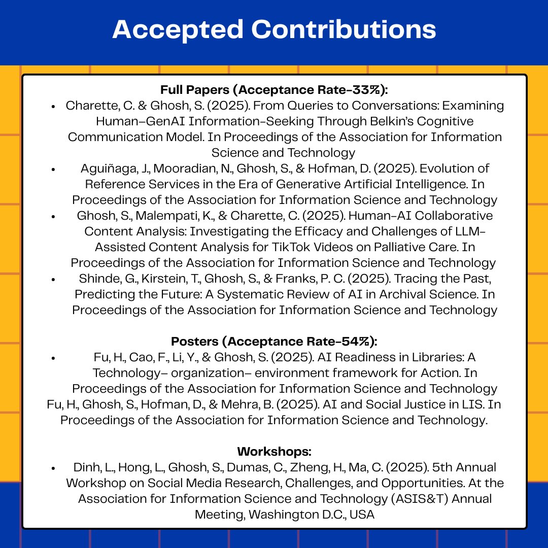 SJSUiSchool's tweet photo. Congratulations to @ohmyghosh and his collaborators, including iSchool students and faculty, on their papers, posters, and workshop contributions, which were accepted to the ASIS&amp;T Annual Meeting 2025! https://t.co/dLUmVR0PzM