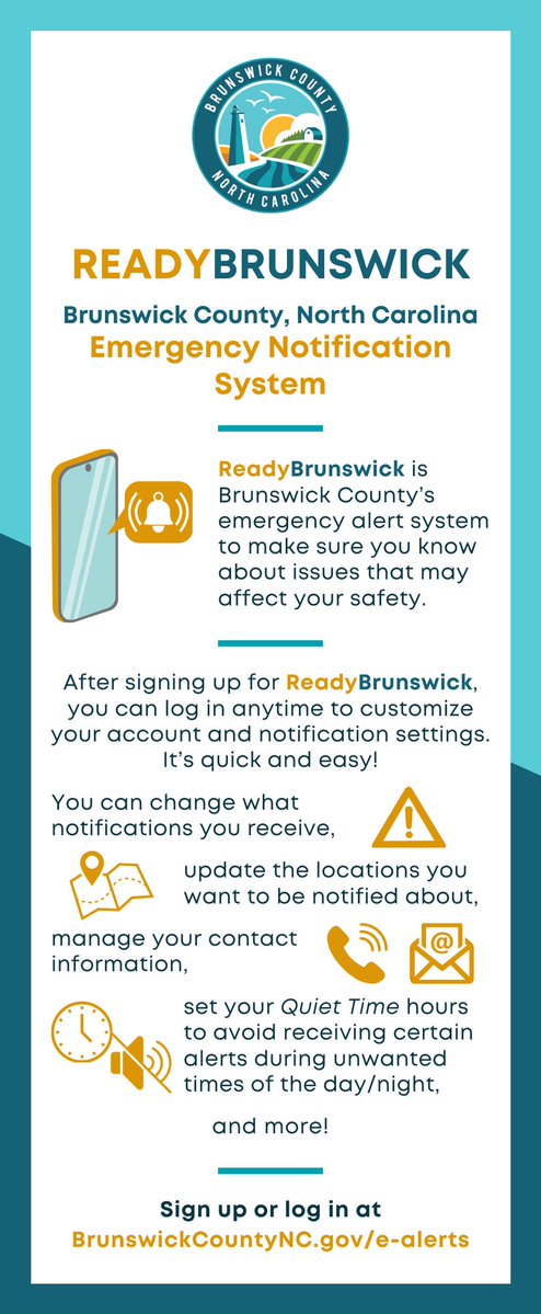Brunswick County (@brunswickgovt) on Twitter photo ⛈️🌀 With peak Atlantic #HurricaneSeason starting mid-August, <a href="/BrunswickGovt/">Brunswick County</a> is encouraging all #BrunsCo community members to stay informed by registering for the #ReadyBrunswick Emergency Notification System. Details: ow.ly/MzRV50Wvz9w
The ReadyBrunswick system will ⛈️🌀 With peak Atlantic #HurricaneSeason starting mid-August, <a href="/BrunswickGovt/">Brunswick County</a> is encouraging all #BrunsCo community members to stay informed by registering for the #ReadyBrunswick Emergency Notification System. Details: ow.ly/MzRV50Wvz9w
The ReadyBrunswick system will
