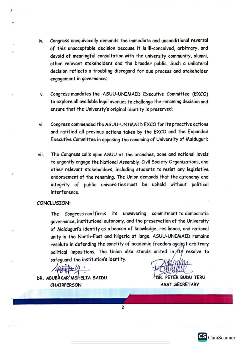 HaleeAbatcha's tweet image. ASSU against the proposed renaming of UNIMAID... demands that the autonomy and integrity of public universities myst be upheld without political interference.
Read resolutions 👇from the special congress meeting held on thursday 24th July.
