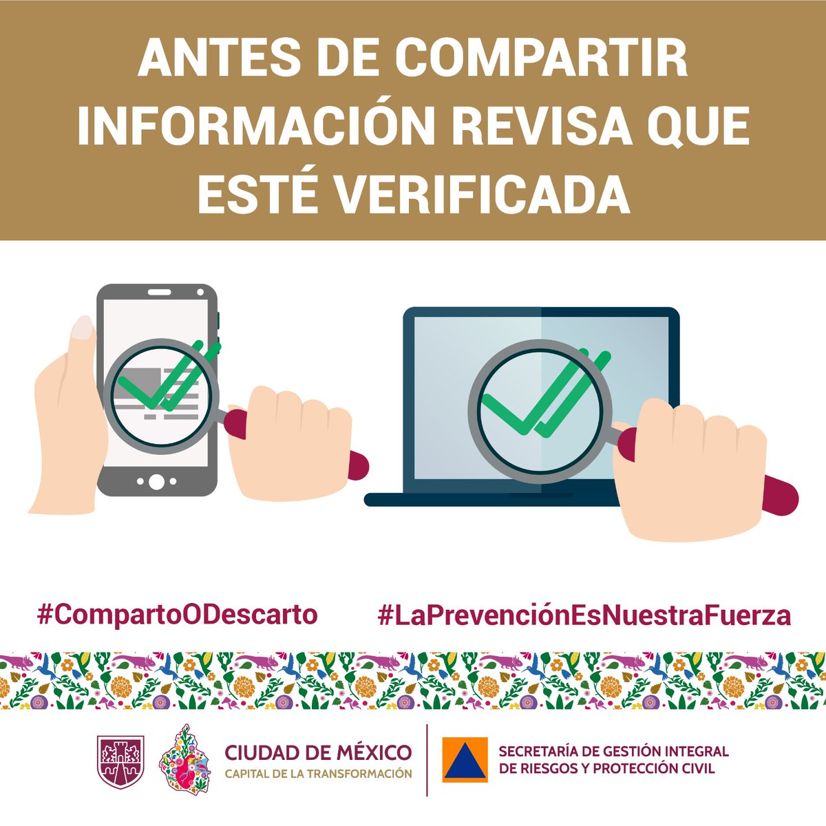 SGIRPC_CDMX's tweet image. La información falsa confunde, retrasa los servicios de emergencia y daña los protocolos de atención.
▶️Revisa que la información sea oficial y vigente
▶️No envíes información no verificada
▶️No hagas caso a rumores
#CompartoODescarto #LaPrevenciónEsNuestraFuerza
