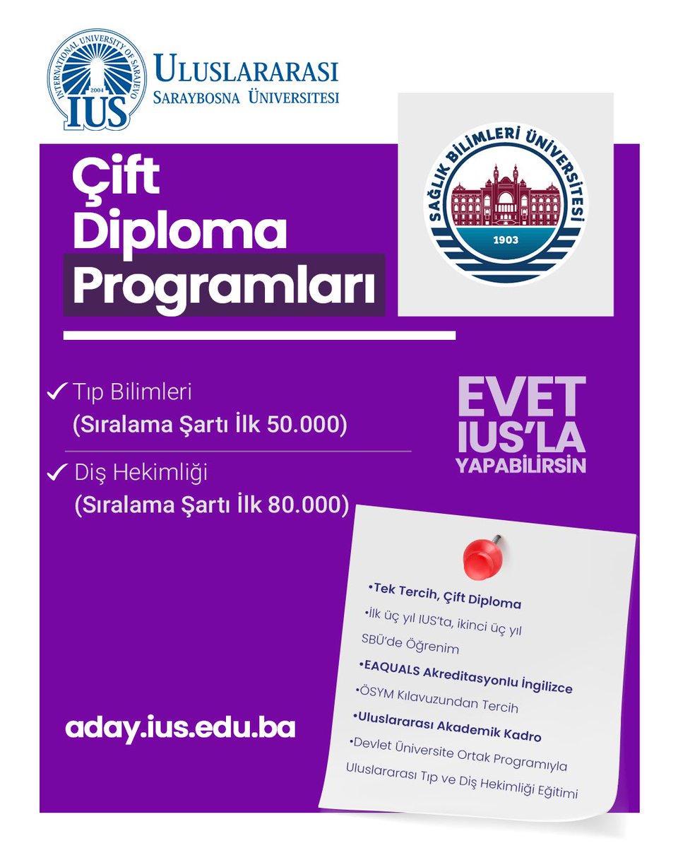 MYsrGz's tweet image. Hem Avrupa’da okuyorsun, hem Türkiye’de geçerli bir diplomaya sahip oluyorsun.
Pasaportunla birlikte vizyonun da genişliyor.
Sarajevo’da İngilizce eğitim, güçlü akademik kadro ve farklı kültürlerle iç içe bir kampüs hayatı seni bekliyor.
doublediploma.ius.edu.ba