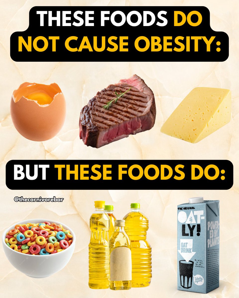 thecarnivorebar's tweet image. Eggs, steak, and butter do NOT cause obesity.
Never have. Never will.
But you know what does?
Seed oils, oat milk, cereal, and "healthy" processed junk.
The stuff they started pushing after the 1980s.
Real food isn’t the problem.
Fake food is.
#FoodTruth #RealFoodHeals…