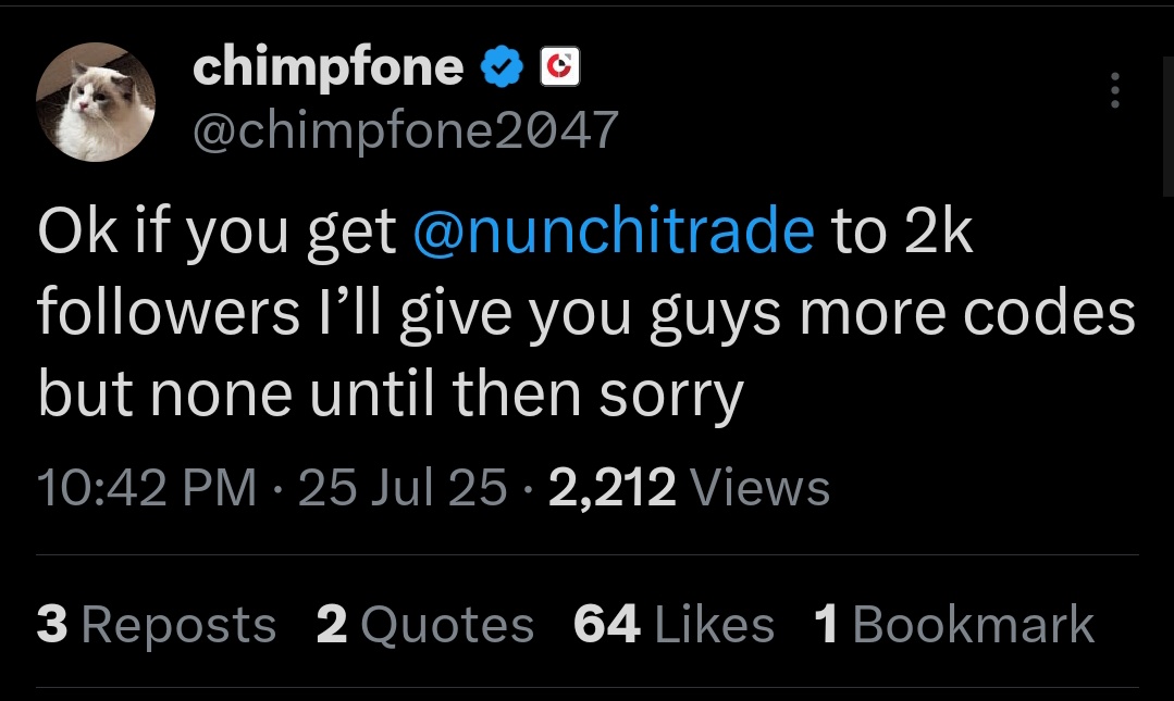 Perp_338's tweet image. If you need anoma invite code
Follow @nunchitrade
Once it reaches 2k followers according to @chimpfone2047
Anoma code would be shared.
Less than 100 followers to go guys