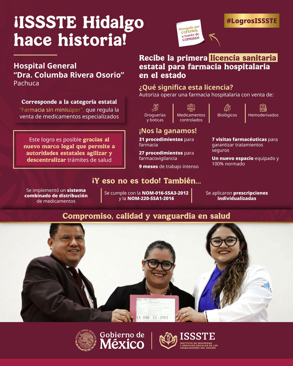 ISSSTE_mx's tweet image. 🥳 ¡Felicidades al #ISSSTE Hidalgo! 👏
#LogrosISSSTE | 🏅 El Hospital General en Pachuca recibió la primera licencia sanitaria estatal para farmacia hospitalaria, un paso clave para fortalecer la atención médica en el estado. 🏥
👩🏻⚕️👨🏻⚕️ Este reconocimiento garantiza tratamientos…
