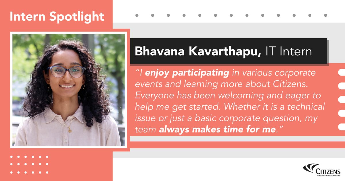 citizens_fla's tweet image. #WeAreCitizens: Say hi to Bhavana, a 2025 Summer IT Intern. She's working as an App Developer on the Guidewire BillingCenter Team troubleshooting system bugs. Thanks for sharing your fresh perspective with us, Bhavana! We're glad to have you on #TeamCitizens for the summer.