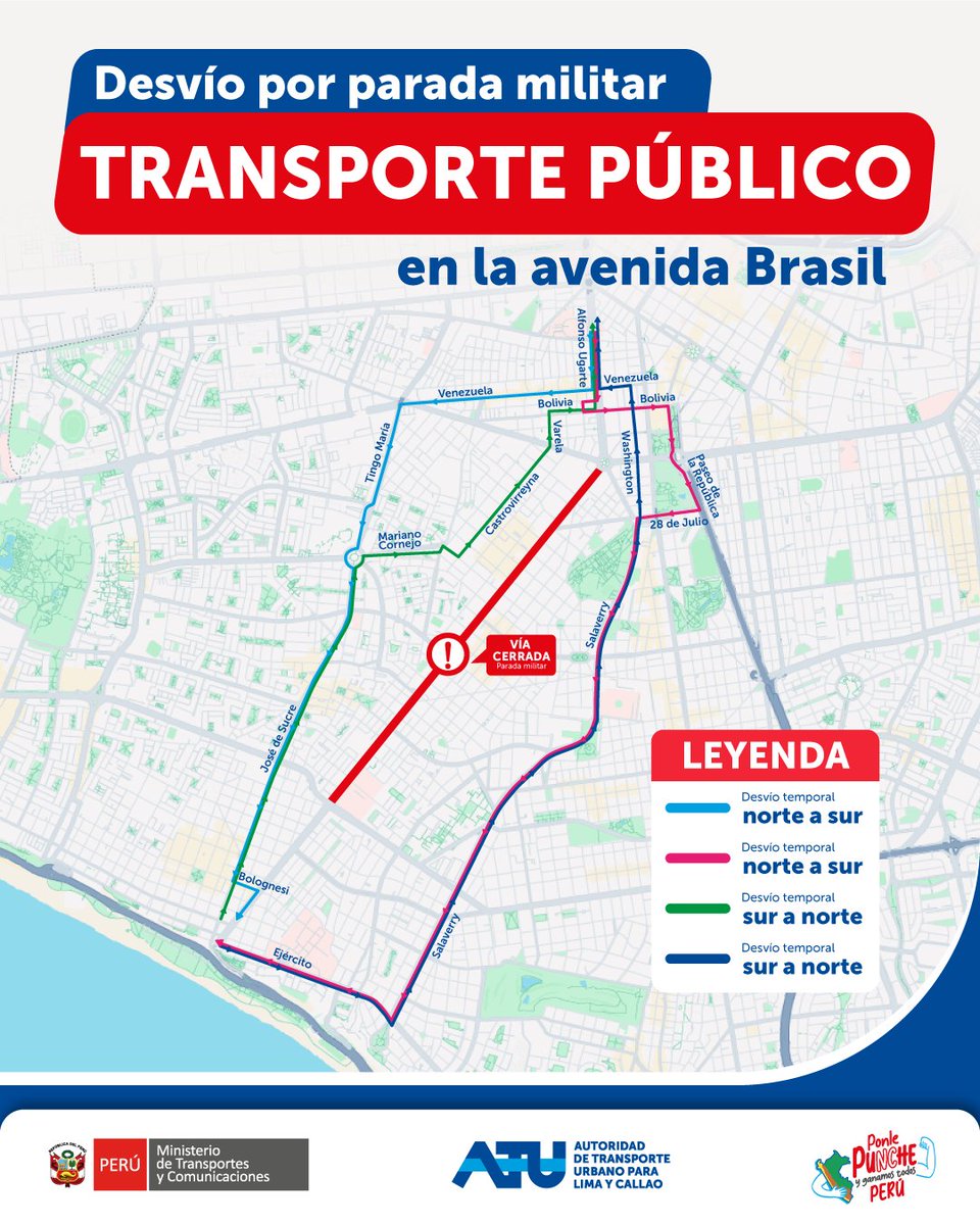 ATU_GobPeru's tweet image. 🔴 #ATUInforma | Debido a la parada militar que se realizará este martes 29 de julio en la avenida Brasil, el transporte público convencional desviará sus recorridos por vías aledañas.
☝🏼 Revisa los mapas y planifica tu viaje.