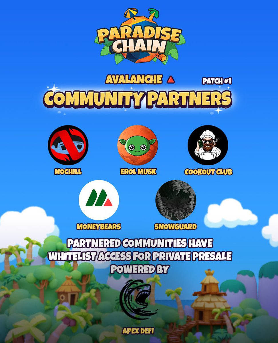 NelsonAvax🔺 (@nelsonavax0) on Twitter photo <a href="/ParadiseTycoon/">Paradise Tycoon 🌴</a> is partnering with top <a href="/avax/">Avalanche🔺</a> communities! 🔺🌴
Holders from these communities get access to $MOANI private presale on <a href="/apex314_defi/">APEX | All-in-one DeFi</a> starting July 28th
And Paradise Badge that boosts staking rewards and unlocks perks in Paradise Cloud!
The 1st patch is here 👇 <a href="/ParadiseTycoon/">Paradise Tycoon 🌴</a> is partnering with top <a href="/avax/">Avalanche🔺</a> communities! 🔺🌴
Holders from these communities get access to $MOANI private presale on <a href="/apex314_defi/">APEX | All-in-one DeFi</a> starting July 28th
And Paradise Badge that boosts staking rewards and unlocks perks in Paradise Cloud!
The 1st patch is here 👇