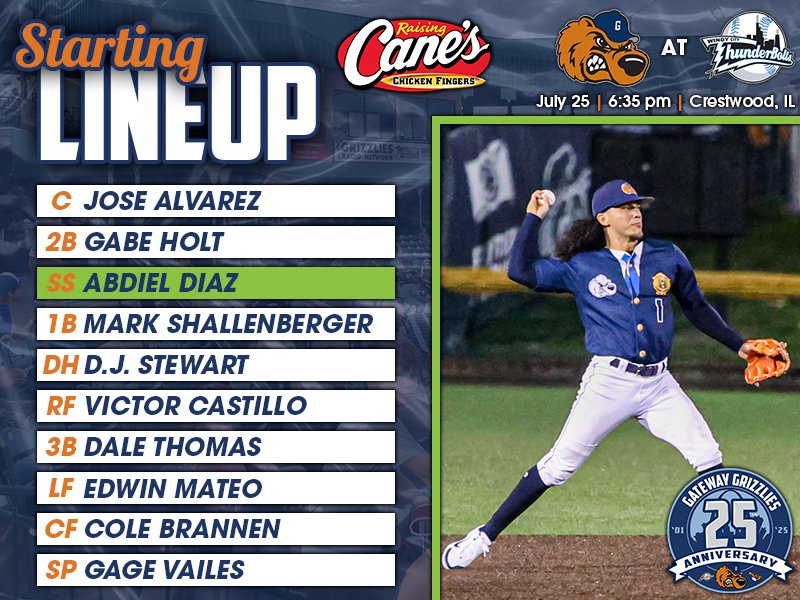 GatewayGrizzlie's tweet image. New series begins tonight. Looking to stay hot against the T-Bolts! Lineup presented by @raisingcanes. #GrizzUP馃惢
馃攰: tinyurl.com/msvbnby7
馃摵: FrontierLeagueTV.com