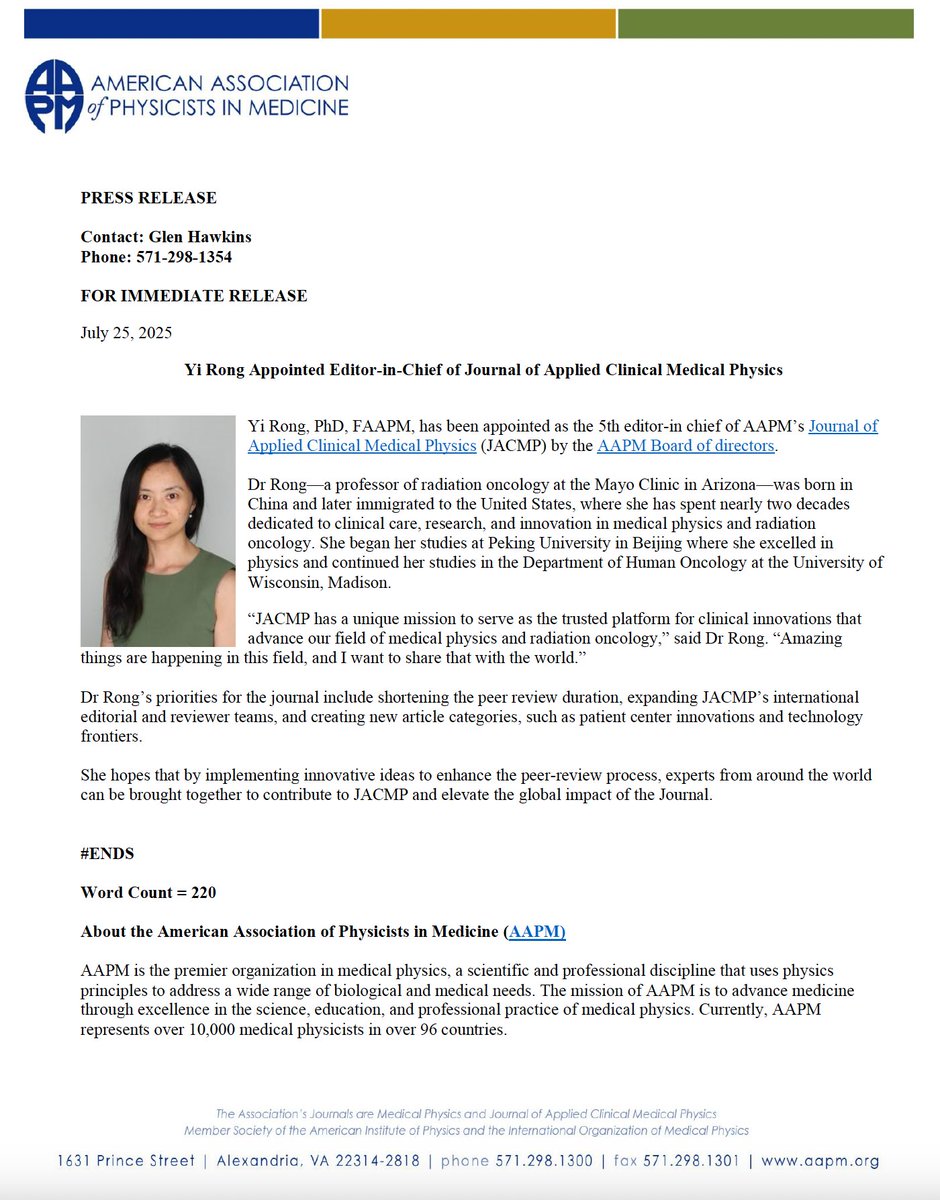 NEW Press Release: Yi Rong Appointed Editor-in-Chief of Journal of Applied Clinical Medical Physics
Read the press release:
ow.ly/LuX450WvzIg