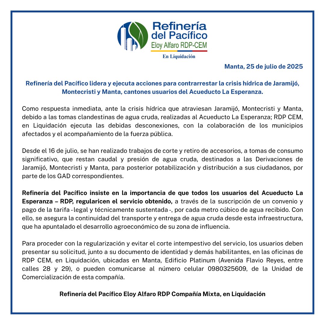 RDP_CEM_EC's tweet photo. #Comunicado

🟢 Refinería del Pacífico lidera y ejecuta acciones para contrarrestar la crisis hídrica de Jaramijo, Montecristi y Manta, cantones usuarios del Acueducto La Esperanza.

Más información ⤵️ https://t.co/P2os1IlHNg