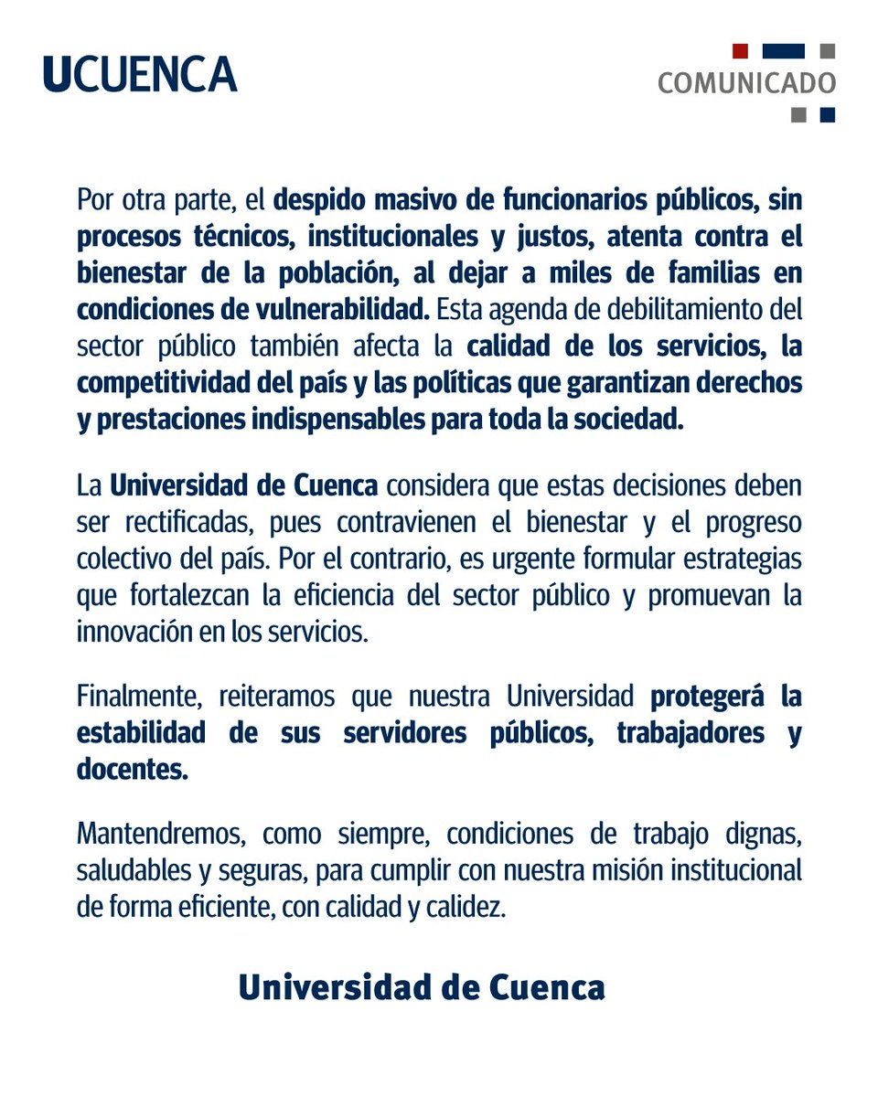 #ComunicadosUCuenca l La política de educación superior, ciencia y tecnología debe ser la base del progreso y bienestar nacional.

Pronunciamiento de la Universidad de Cuenca frente al Decreto Ejecutivo Nº 60.