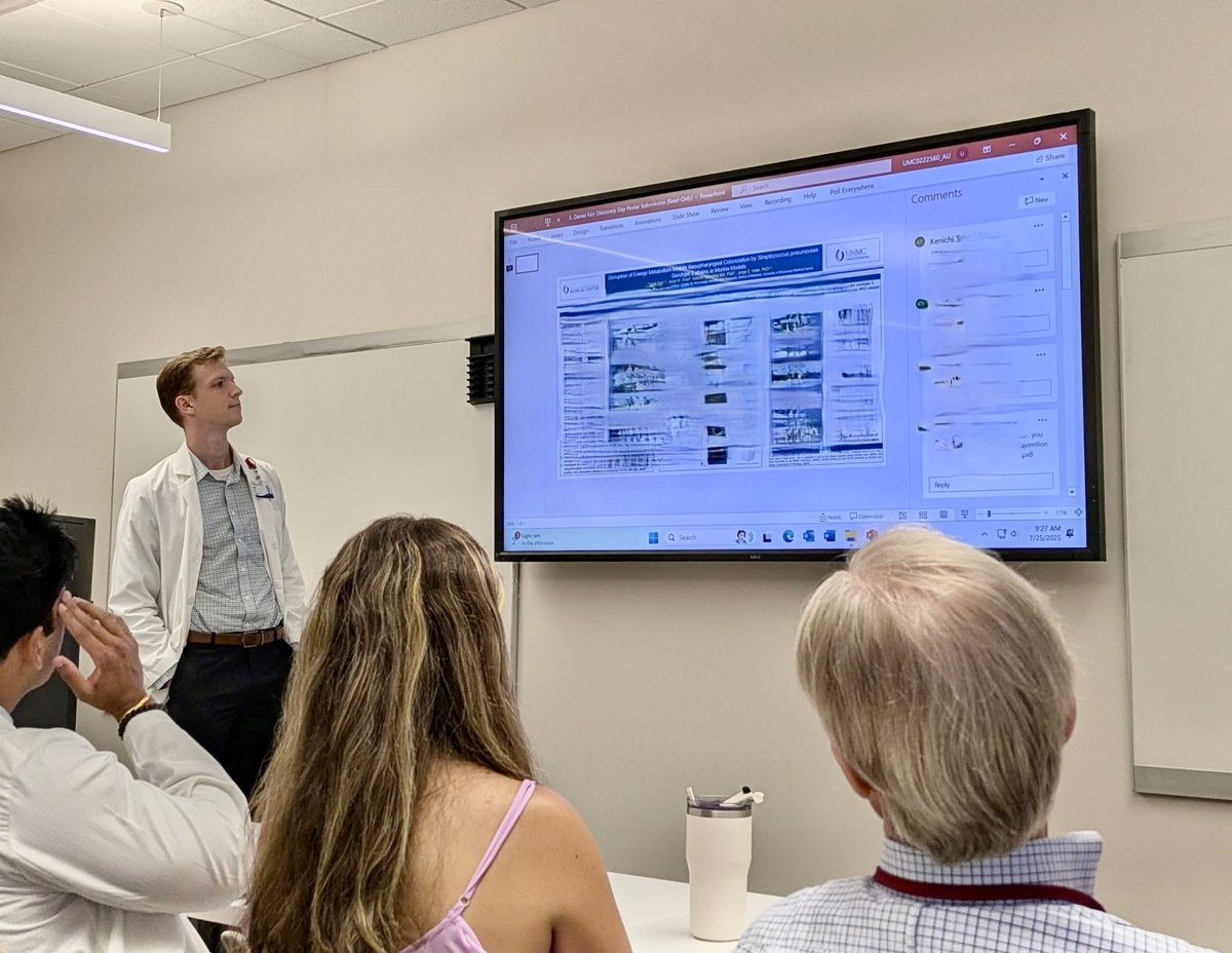 JorgeEVidal1's tweet image. Endless thanks to our incredible research team—from mentorship to groundbreaking discoveries. Today, MSRP fellow Daniel Kerr under the guidance of Dr. Kenichi Takeshita, @UMMCnews, presented exciting summer data identifying a novel, targetable pathway to reduce Spn colonization.