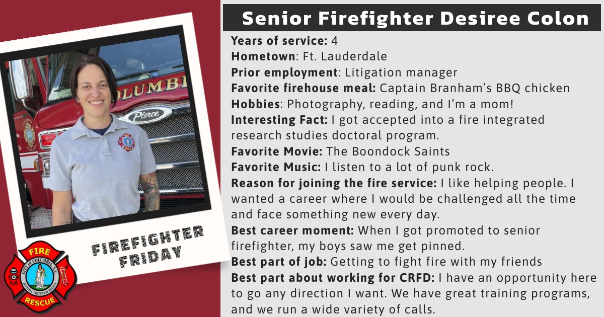 ColaFire's tweet image. It's Friday!! And that means it's time to get back to learning more each week about one of our awesome 👍 @ColaFire firefighters!
This week's 'Firefighter of the Week' is a fan of punk rock 🎸 and keeps quite busy off shift as a mom to two boys.
Meet Senior FF Desiree Colon!