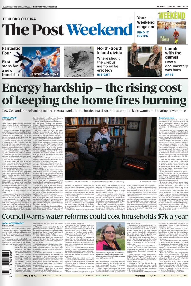 On the front of <a href="/the_postnz/">The Post</a> this morning — a warning from Central Hawkes Bay and Sth Wairarapa councils that small rural communities won’t be able to hear the cost of the Govt’s new water regime.