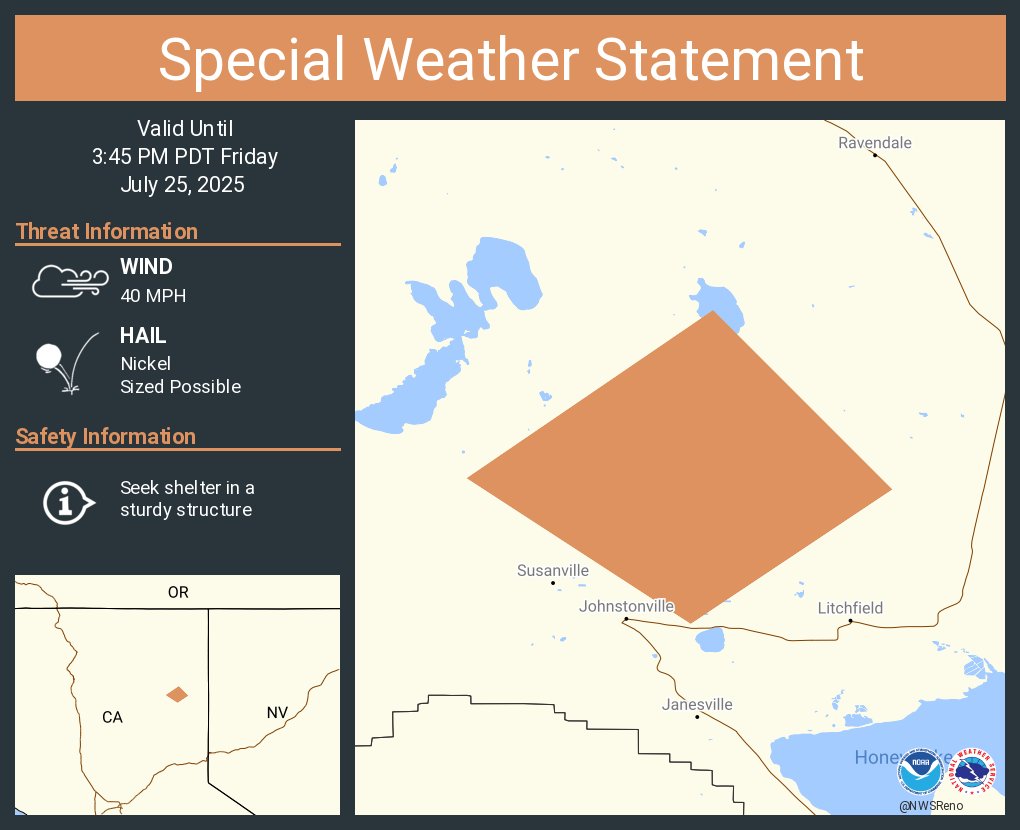 NWSReno's tweet image. A special weather statement has been issued for Lassen County, CA until 3:45 PM PDT #CAwx