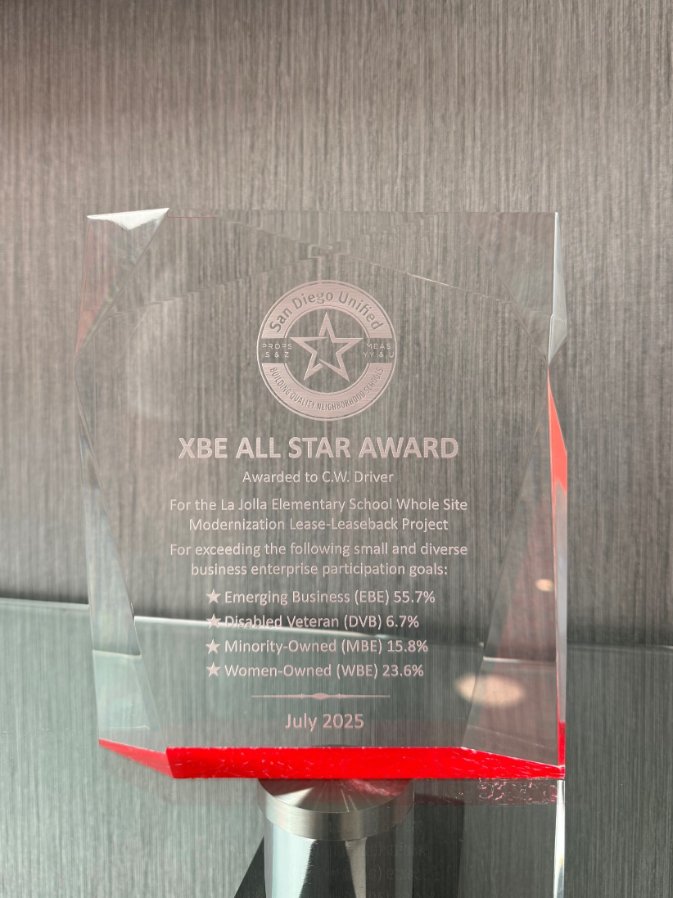 CWDriverCos's tweet image. Our La Jolla Elementary Whole Site Modernization team received the XBE Award from SDUSD for exceeding outreach goals—securing $31.7M in contracts with XBEs. Congrats to the team for championing local, small, and diverse businesses! #CWDriverCos #Construction