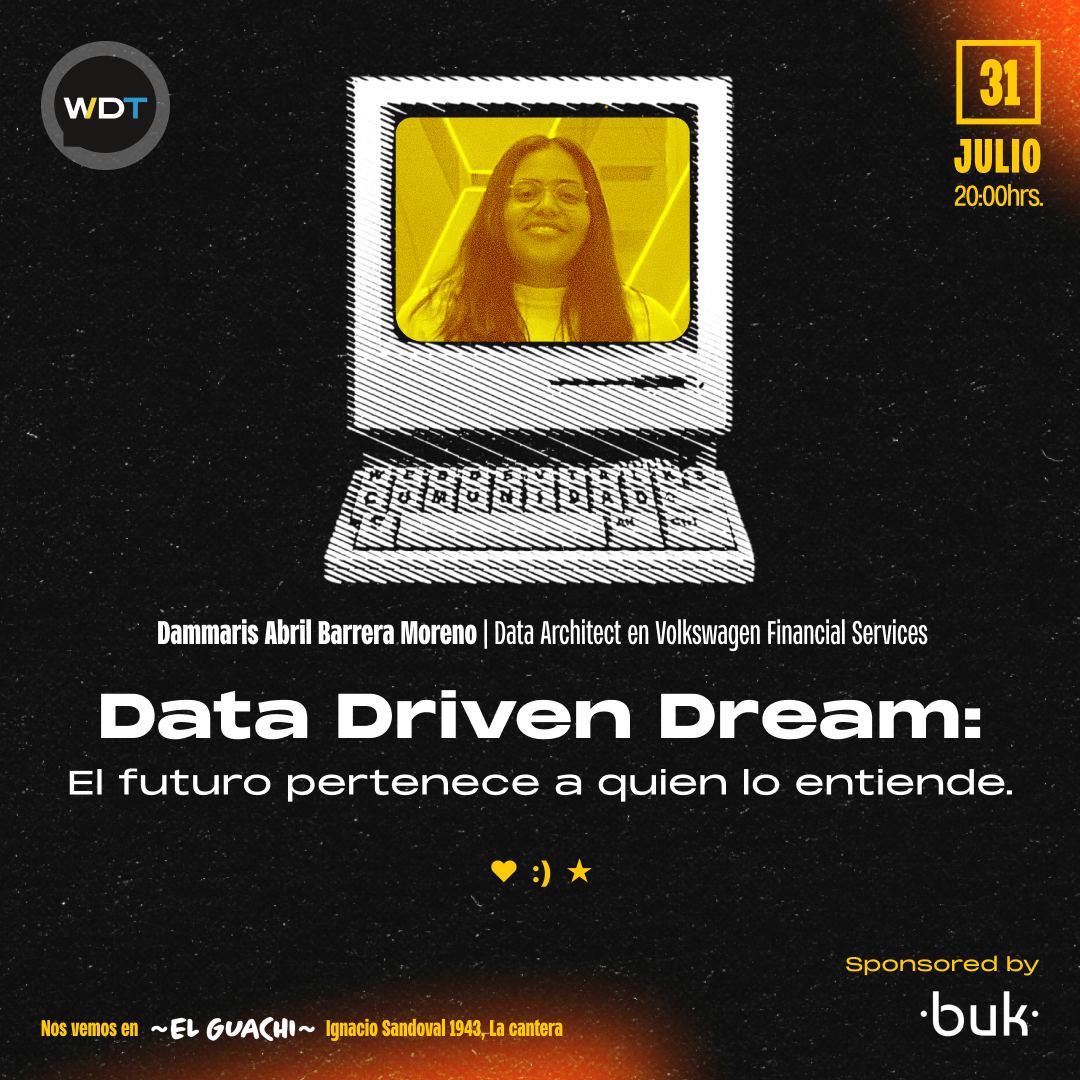 webdevtalksmx's tweet image. Nuestra speaker invitada: Dammaris Barrera, Data Architect en Volkswagen Financial Services
Charla: “Data Driven Dream: El futuro pertenece a quien lo entiende.” 📊🚀
Gracias a Buk por ser patrocinador oficial 🩵
🎟️ Registro obligatorio:
wdt-xii-aniversario.boletia.com