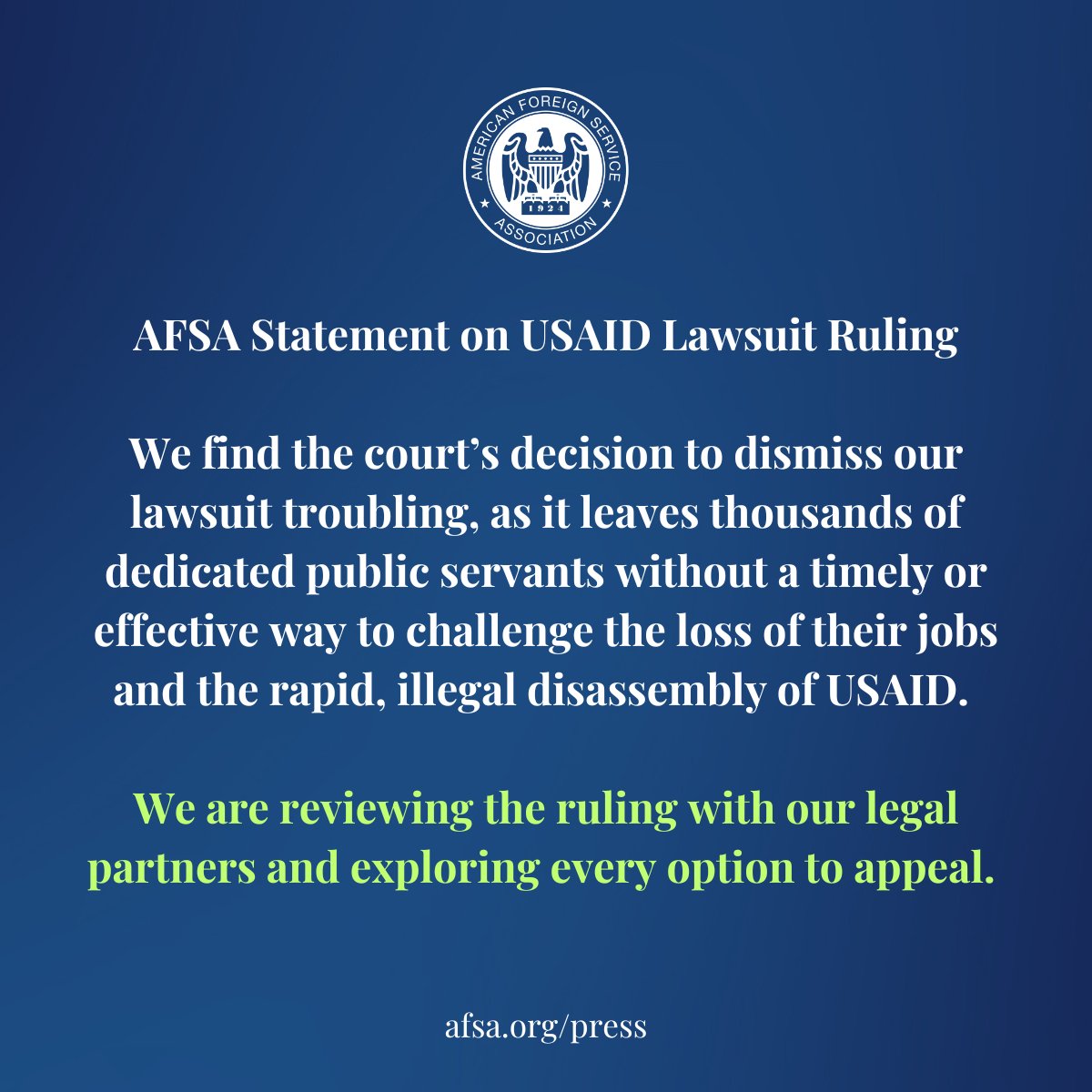 Troubling doesn't begin to cover it. We will explore every avenue we can to appeal.

Read the decision: afsa.org/sites/default/…
