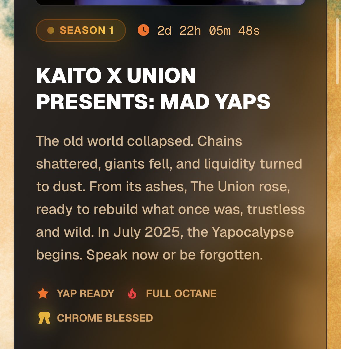 sammy_crypt_'s tweet image. Does this mean that The Kaito X Union Season 1 mad yaps will be ending in 2d 22h?
Someone should explain please🙏