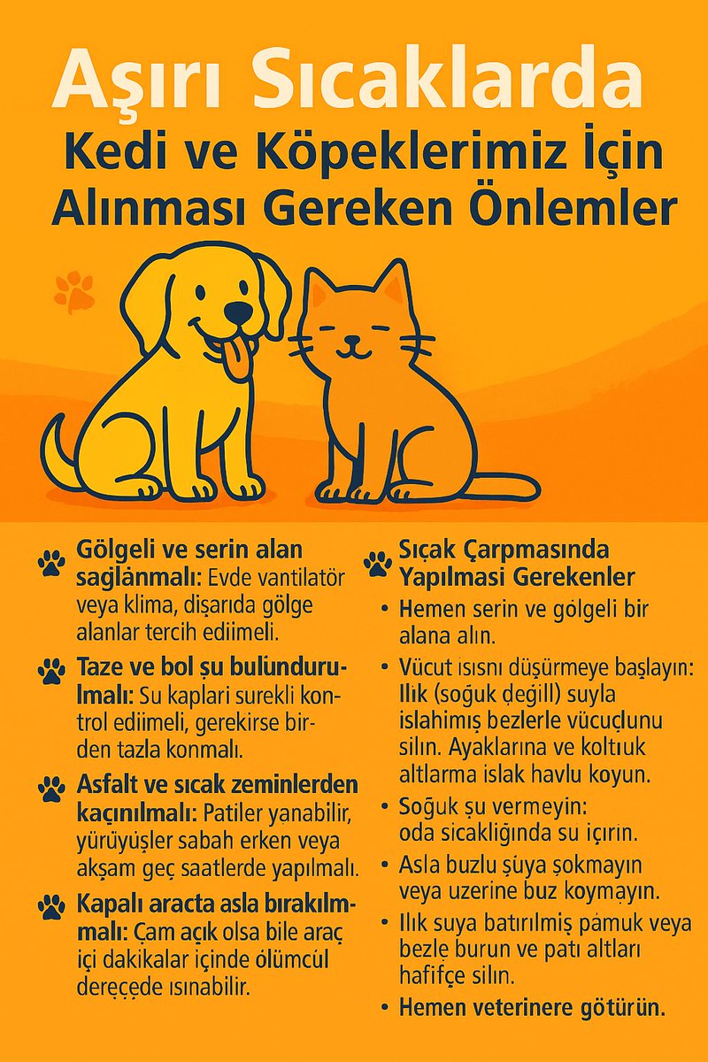haysevder's tweet image. ❗LÜTFEN DİKKAT, METEOROLOJİ UYARI VERİYOR, AŞIRI SICAKLAR GELİYOR
❗ BU BİLGİLERİ OKUYUN VE PAYLAŞIN
🐾 Aşırı Sıcaklarda Alınması Gereken Önlemler
• Gölgeli ve serin alan sağlanmalı: Evde vantilatör veya klima, dışarıda gölge alanlar tercih edilmeli.
• Taze ve bol su…