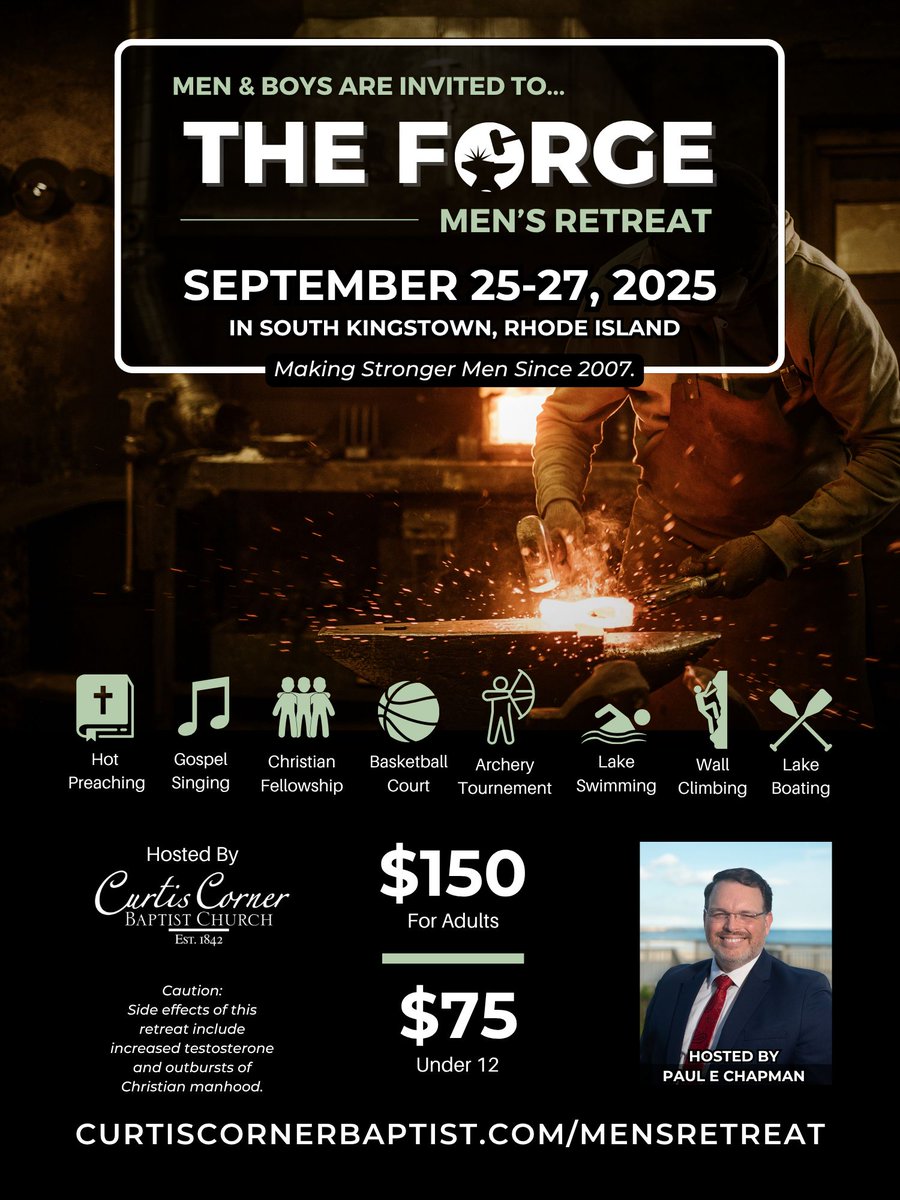 Join us at The Forge!  There are still spots available at our #MensRetreat on September 25-27 in beautiful coastal Rhode Island. 
Learn more and register at curtiscornerbaptist.com/mensretreat/.

#ChristianMen #ChristianManhood