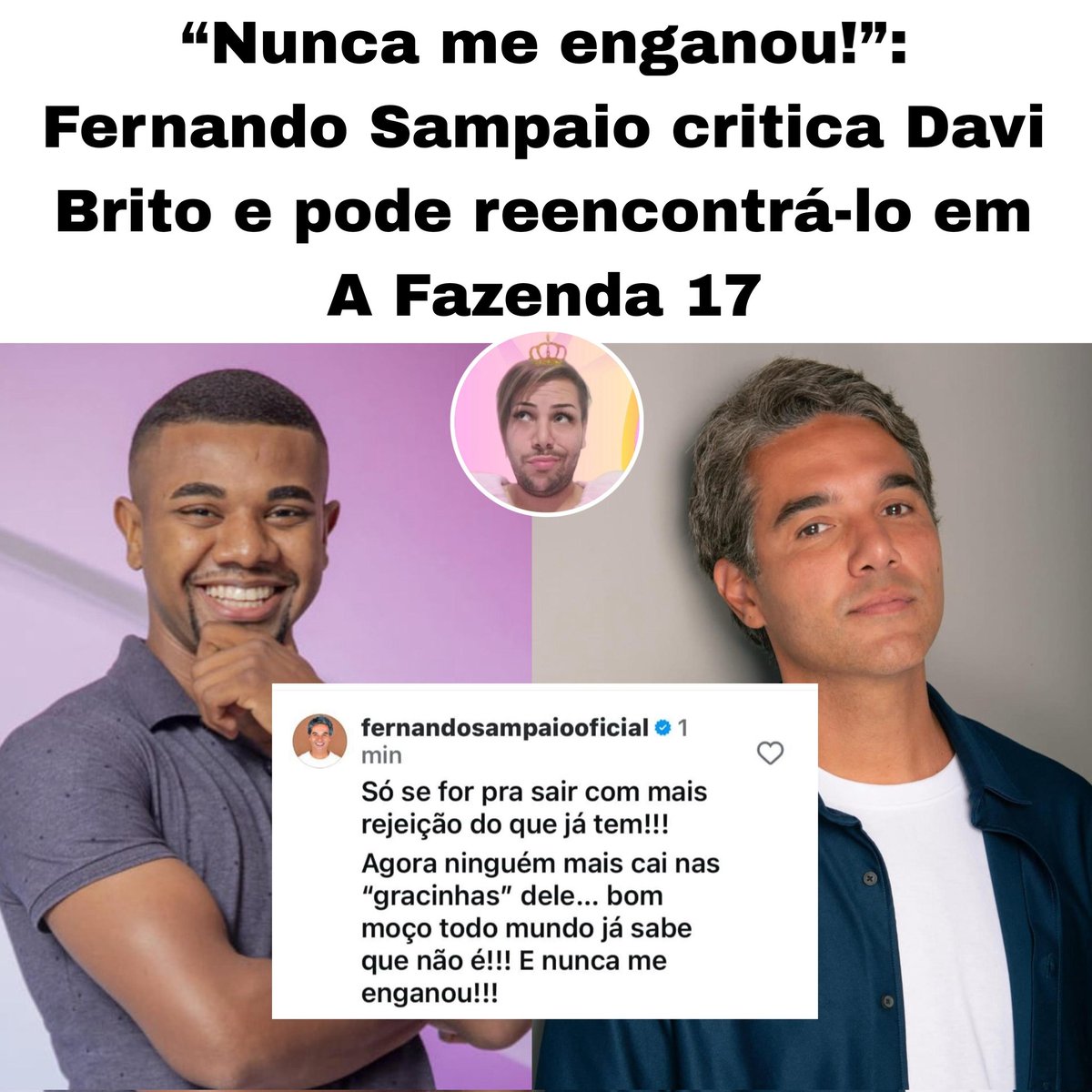 pamplona_bru's tweet image. URGENTEEE ❌️
Fernando Sampaio detona Davi Brito após o campeão ser anunciado em #AFazenda17 !
O ex "A Grande Conquista" sugeriu que Davi sairia rejeitado caso realmente entrasse na atração rural. Vale lembrar que ambos estão cotados para o elenco da nova edição da Fazenda 🔥
