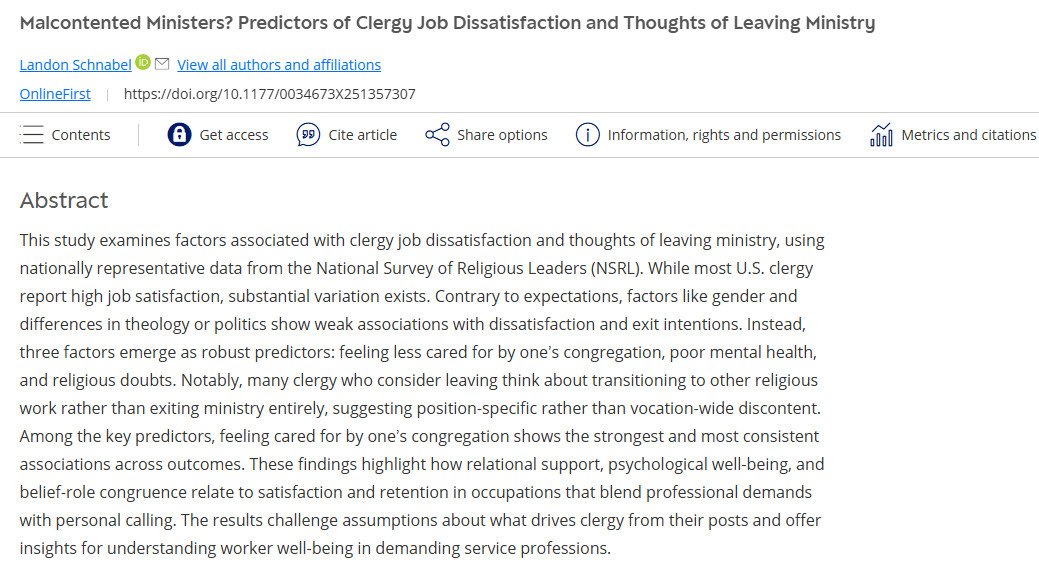 I used to be a minister and was curious why clergy feel dissatisfied with their jobs and consider leaving ministry.

I identified three key predictors: feeling uncared for by one’s congregation, poor mental health, and religious doubts.
 journals.sagepub.com/doi/10.1177/00…