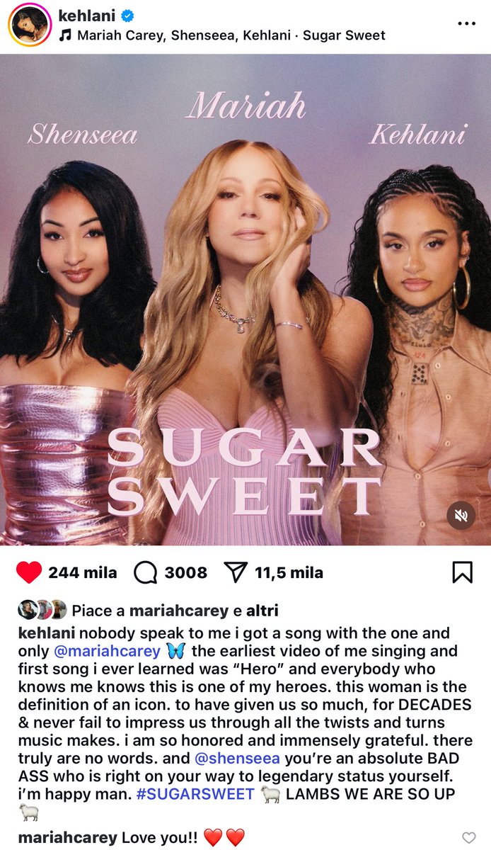 glittering_mc's tweet image. We love this sisterly moment. We love you @Kehlani! 🩷
@MariahCarey’s “Sugar Sweet” with @SHENYENG & Kehlani is out now: symphony.to/mariah-carey/s… 🍭