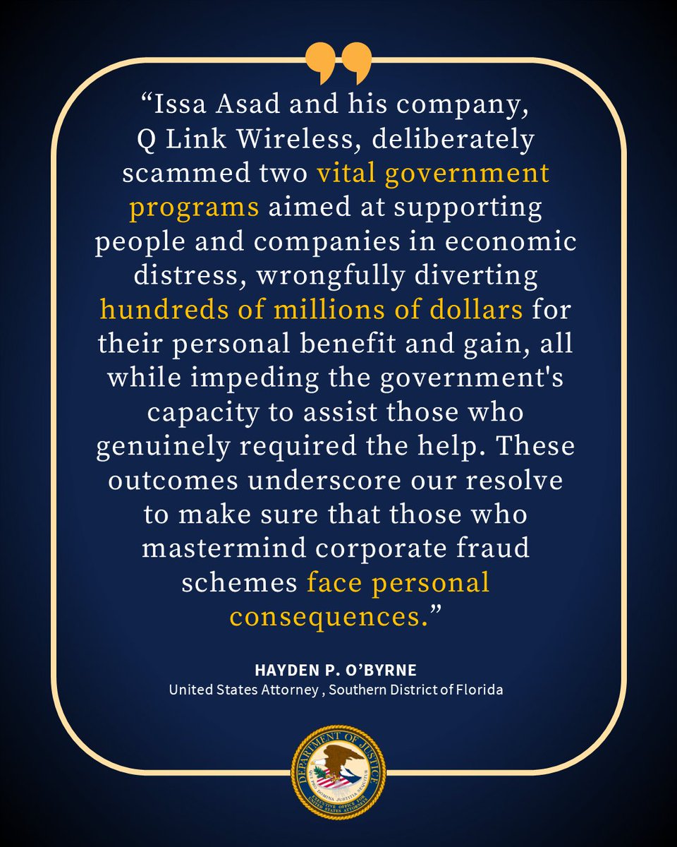 USAO_SDFL's tweet image. South Florida Telecom Company and its CEO Pay $128 Million and CEO is Sentenced to 5 Years for Massive Government Program Fraud
🔗justice.gov/usao-sdfl/pr/s…
@FccOig,
@USPIS_MIA,
@IRS_CI - Global Illicit Financial Team