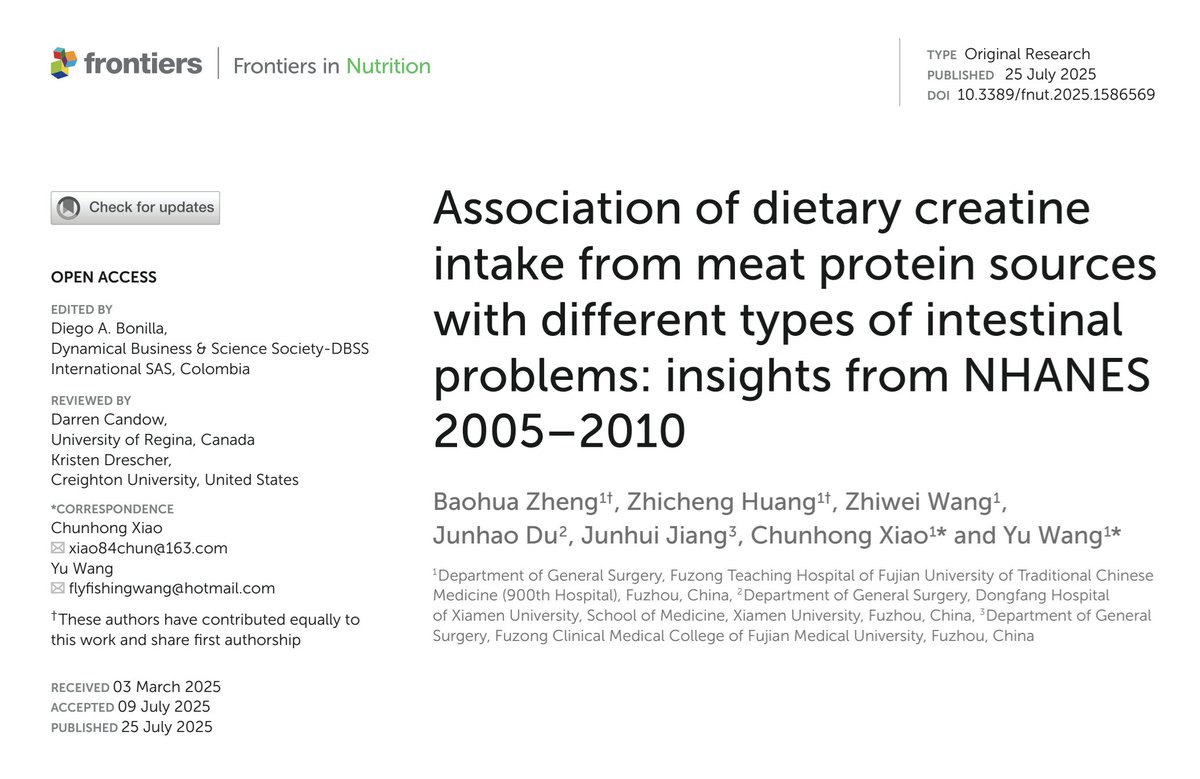 Higher dietary creatine intake may offer protective benefits against chronic constipation while showing no significant association with chronic diarrhea. These findings highlight the potential of creatine as a dietary factor in promoting gut health.

frontiersin.org/journals/nutri…