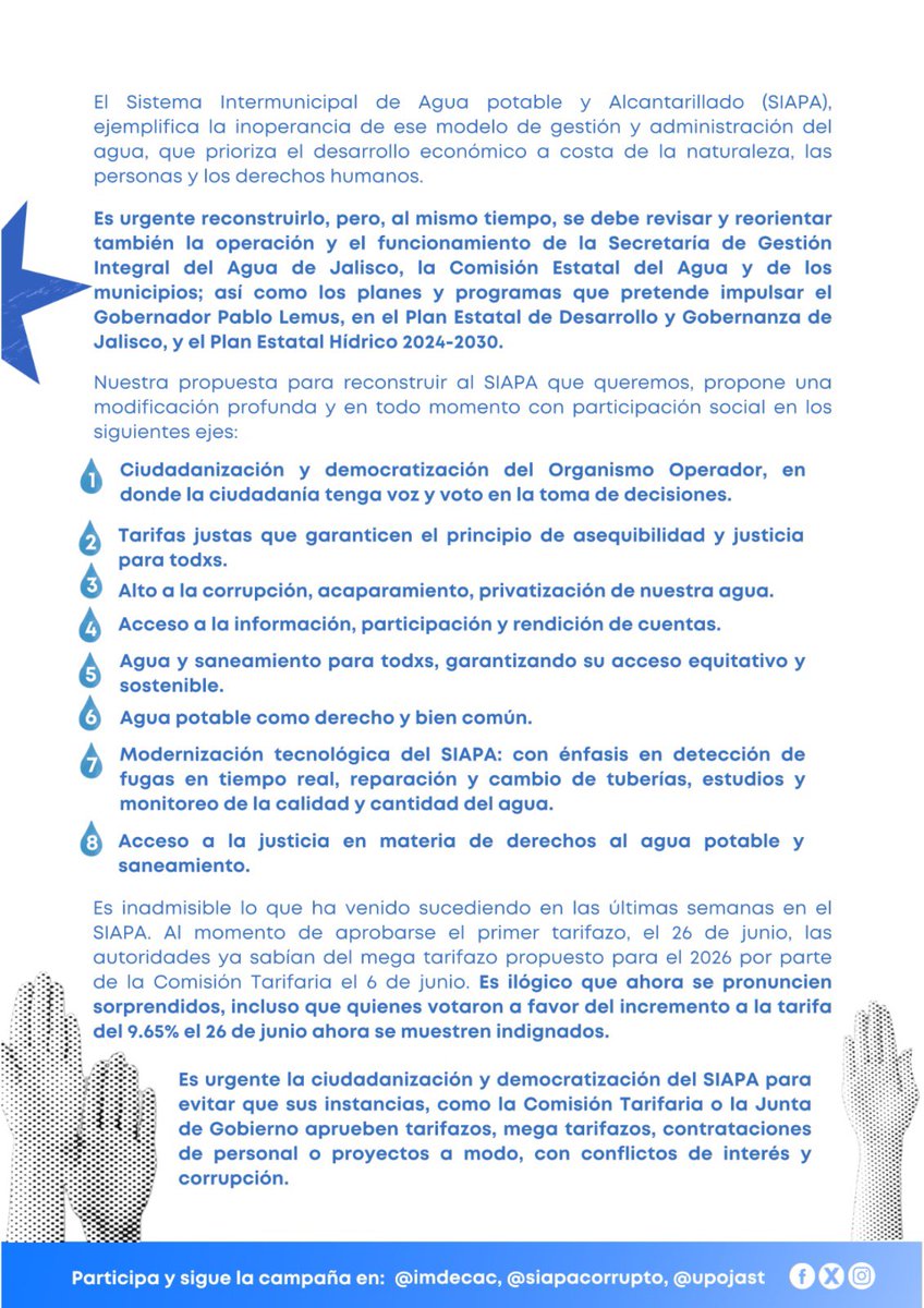 imdecac's tweet image. 💧#COMUNICADO
⚠️ Alerta Ciudadana💦
🔹La reestructuración del @siapagdl debe garantizar su permanencia como un organismo público del Agua @PabloLemusN @aguadejalisco
🔹Ciudadanización y Democratización del #SIAPA es urgente: No Más Tarifazos, ni Corrupción. - @julioastillero