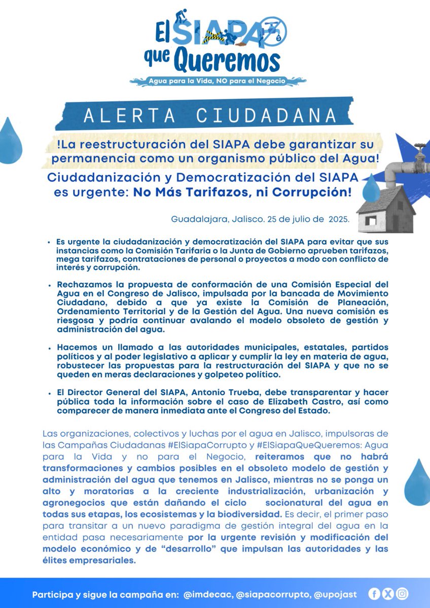 imdecac's tweet image. 💧#COMUNICADO
⚠️ Alerta Ciudadana💦
🔹La reestructuración del @siapagdl debe garantizar su permanencia como un organismo público del Agua @PabloLemusN @aguadejalisco
🔹Ciudadanización y Democratización del #SIAPA es urgente: No Más Tarifazos, ni Corrupción. - @julioastillero