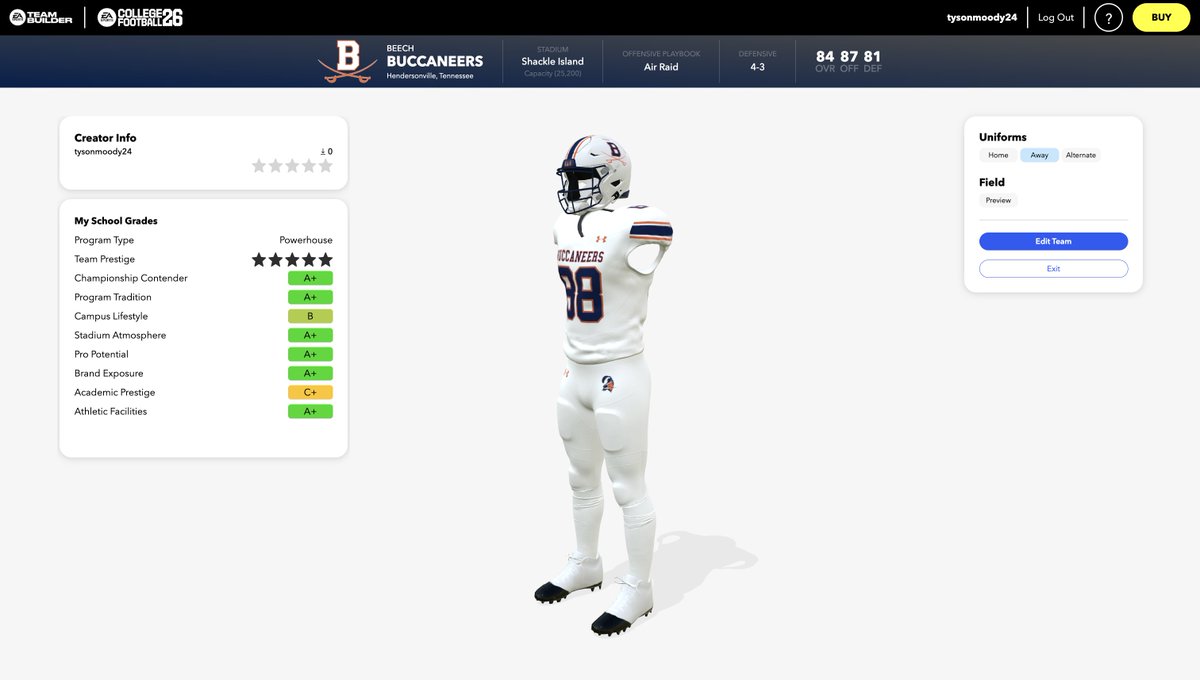 TysonMoody3's tweet image. Hey @BeechFootball fans, use code &quot;tysonmoody24&quot; to play with this accurate build of your Bucs on NCAA 26!
Be sure to rate it too!
(no roster tho)
@615Preps