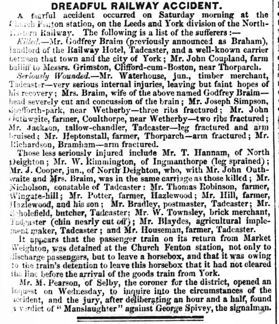 OldRailwayAccidents (@rwldproject) on Twitter photo #OnThisDay 1856 the Church Fenton train crash on the North Eastern Railway.
2 died & 26 were injured - they feature in the NER records in the Railway Work, Life & Death project database, as passengers & others sometimes appear, despite our staff focus.
📷<a href="/BNArchive/">The British Newspaper Archive</a>
#Railway200 #OnThisDay 1856 the Church Fenton train crash on the North Eastern Railway.
2 died & 26 were injured - they feature in the NER records in the Railway Work, Life & Death project database, as passengers & others sometimes appear, despite our staff focus.
📷<a href="/BNArchive/">The British Newspaper Archive</a>
#Railway200