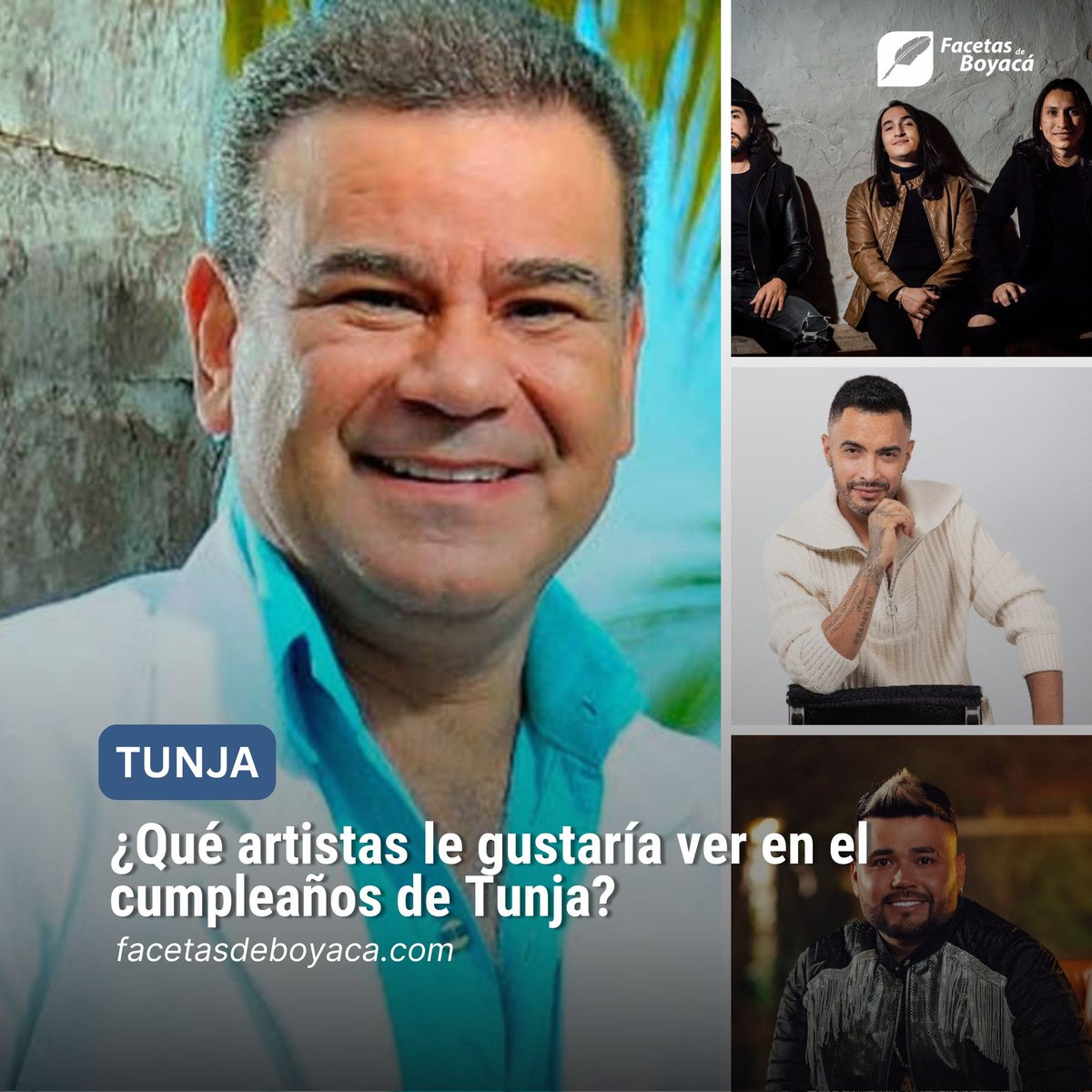 facetasdeboyaca's tweet image. Para la celebración de los cumpleaños de Tunja, el alcalde municipal Ruso Alcalde propone está lista de artistas:
Ciro Quiñonez
San Miguelito
Jon Alex Castaño
Iván Villazón
¿A cuál artista le gustaría ver este 6 de agosto?
#FacetasDeBoyacá