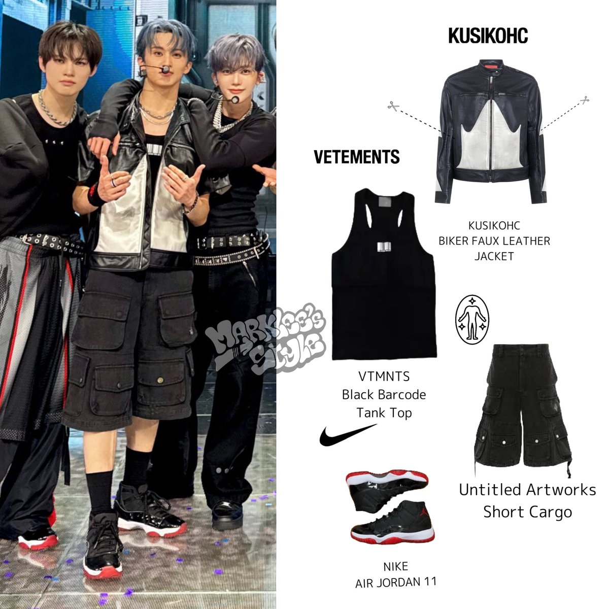marklees_style's tweet image. Music Bank – Outfit Summary (2025.07.25)
_____
Mark pulled up in a full biker-inspired look for yesterday’s stage.
He rocked a faux leather jacket from KUSIKOHC, layered over a VTMNTS barcode tank.
The cargo shorts from Untitled Artworks and the Air Jordan 11 Breds gave it that…