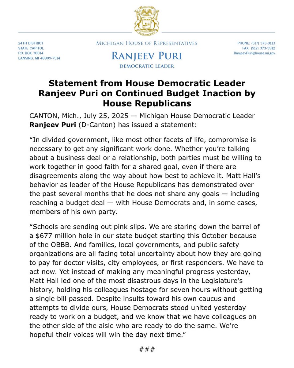 Rep. Ranjeev Puri (@ranjeevpuri) on Twitter photo While schools face cuts & families face uncertainty, Speaker <a href="/RepMattHall/">Speaker Matt Hall</a> wasted hours on the House floor and failed to deliver once again. House Dems are ready to work — it’s time for real leadership and real compromise.
My full statement on the continued budget inaction by While schools face cuts & families face uncertainty, Speaker <a href="/RepMattHall/">Speaker Matt Hall</a> wasted hours on the House floor and failed to deliver once again. House Dems are ready to work — it’s time for real leadership and real compromise.
My full statement on the continued budget inaction by
