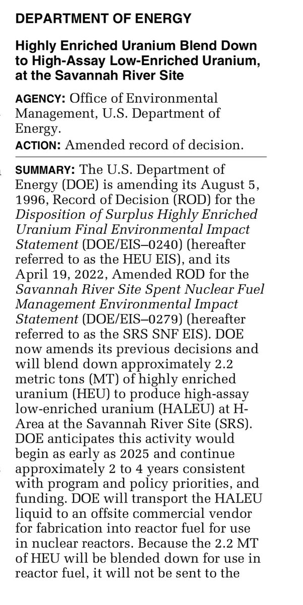 kenwaldek's tweet image. $DOE Highly Enriched Uranium Blend Down to High-Assay Low-Enriched Uranium, at the Savannah River Site #uranium #utwits #haleu

#open_secret