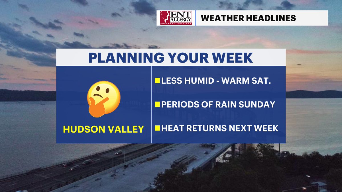 JSeawright_TVWX's tweet image. 📔Planning your weekend HV:
-😎Saturday will be less humid, very warm, but not expecting any rain
-⛈️Sunday, spotty storm chances during the day.. More likely for the AM/early PM
-🥵Prepare for heat/humidity to return early next week
Forecast:news12.com/weather
#nywx