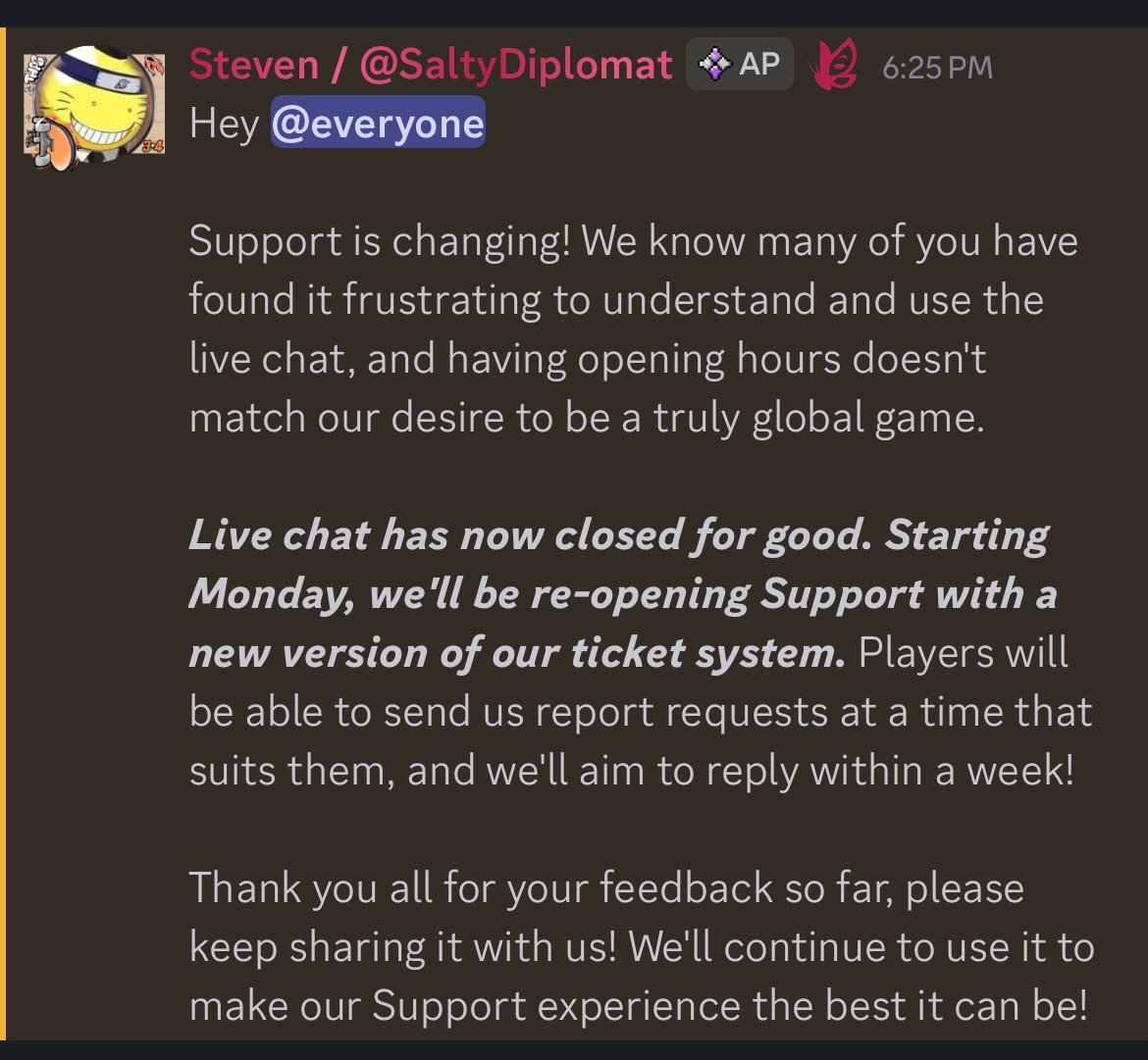 TheUpliftA's tweet image. New update to @AdoptMeSupport
Live Chat has been closed permanently, and is now replaced with a 24/7 ticket submission, making Support more accessible. However, tickets can take up to 7 business days for a response
W or L?