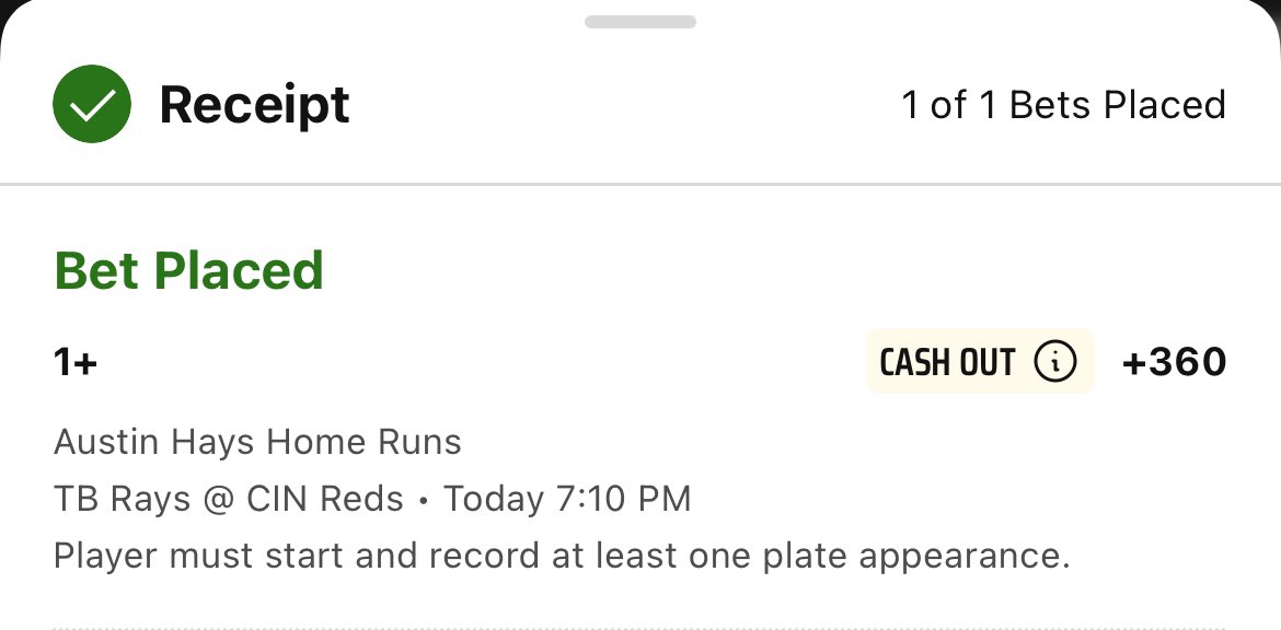 #MLB Friday ⚾️
—
Twins -1 (-108)
Mariners ML (-126)
Red Sox/Dodgers o9.5 (-113)

Player Prop:
Austin Hays (CIN) 2+ H/R/RBI (-130)
        (might go yard) 😶
—