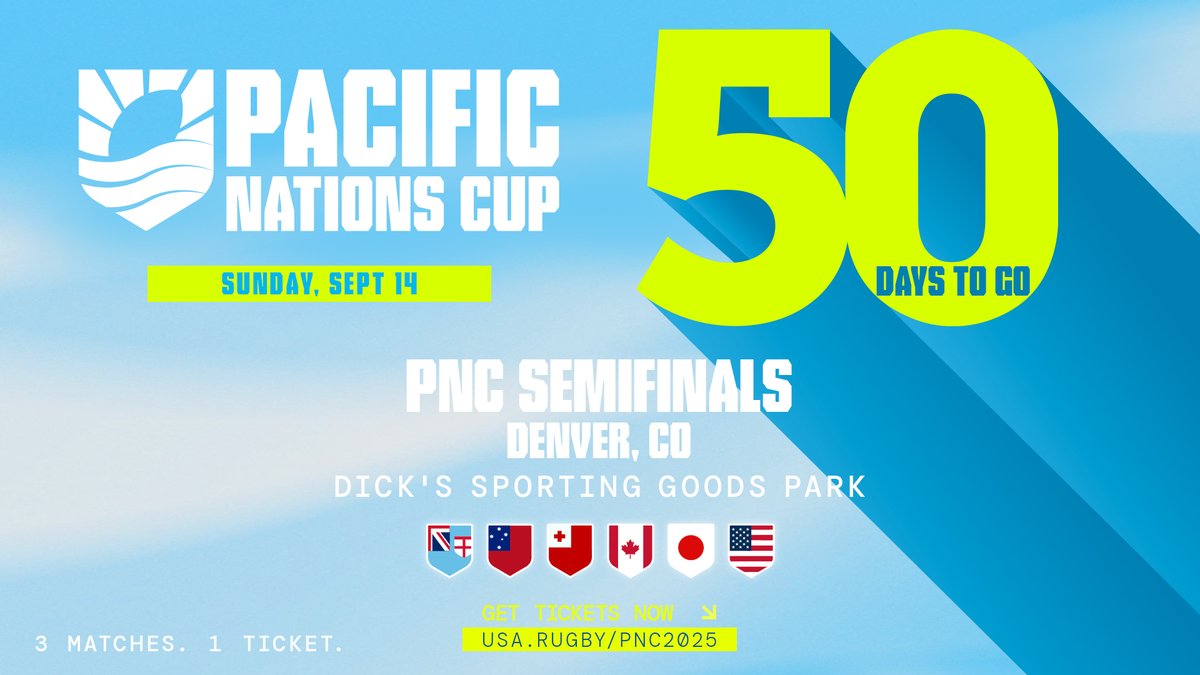We are 50 days out from the Pacific Nations Cup Semifinals on September 14th at DICK's Sporting Goods Park! If you haven't already, get your tickets tickets now! 🏉

🎟️: tix.dsgpark.com/25PNCX