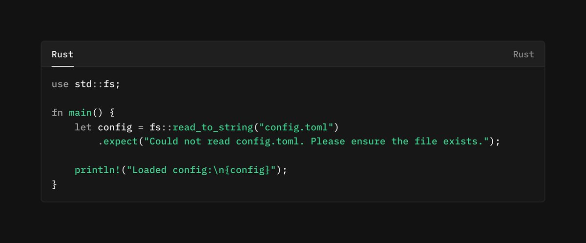 chinedu_10's tweet photo. #RustDay 194

Avoid crashing your app with .unwrap() even in simple CLI tools. Give users a friendly error instead. https://t.co/VVFvfqHqIy