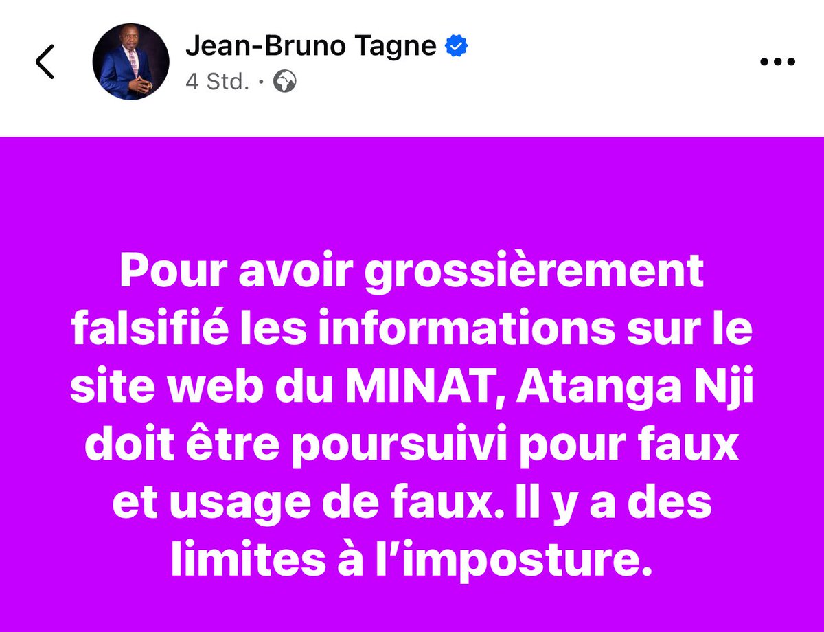 mbeatowe's tweet image. Pour avoir grossièrement falsifié les informations sur le site web du MINAT, Atanga Nji doit être poursuivi pour faux et usage de faux. Il y a des limites à l’imposture. Source: facebook.com/share/p/1GPhQ9…