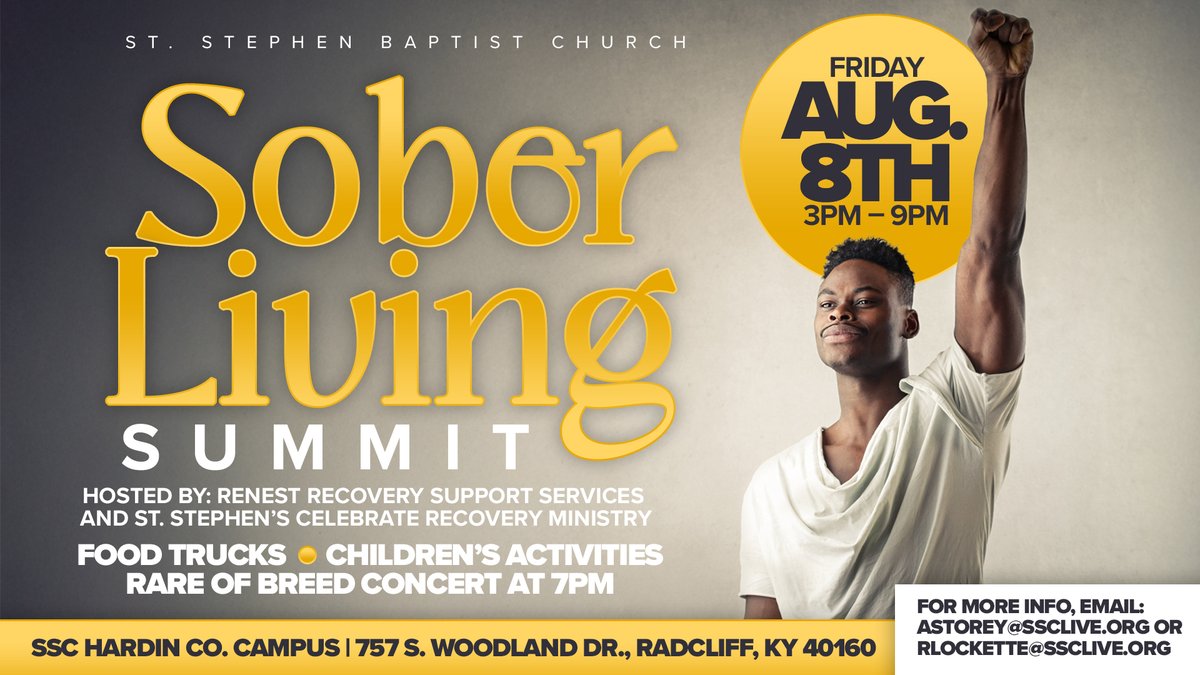 ssclive's tweet image. Join us for the Sober Living Summit – Aug. 8 | 3–9 PM at our Hardin Co. Campus.
Food trucks • Kids’ activities • Rare of Breed live at 7 PM!
#SoberLiving #RecoveryIsPossible #SSCLIVE @KWCosby
