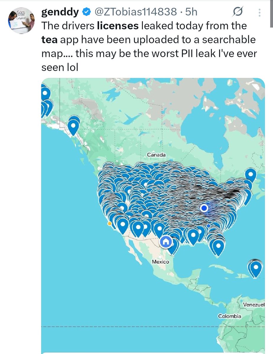agentsmart's tweet image. We used to tie ribbons around ole oak trees. 🤔
"Tea" is an app for women where they can anonymously let other women know about red flag lotharios. It requires a selfie or photo to confirm gender. Many used their licences. It's been hacked. Mega dox.