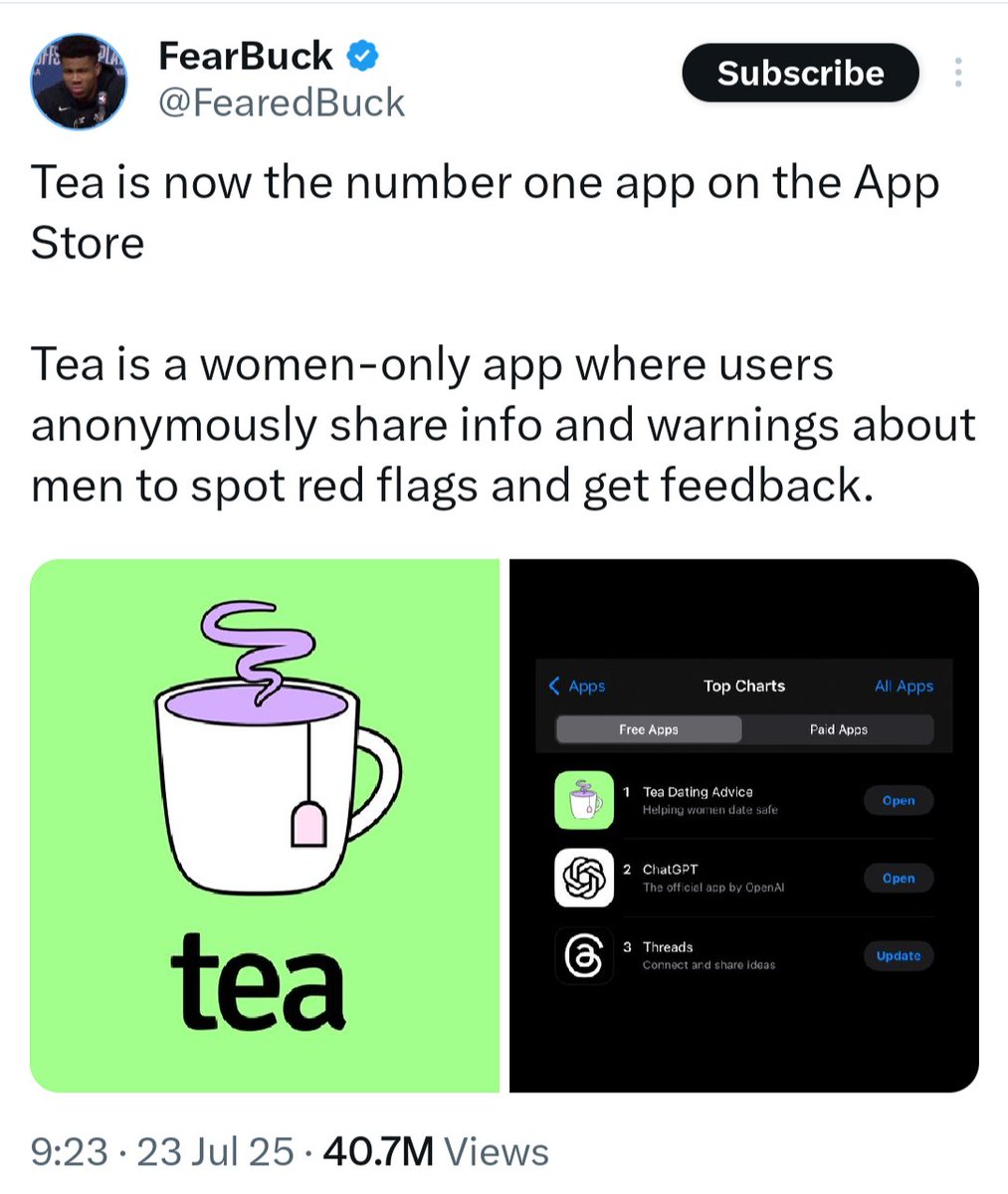agentsmart's tweet image. We used to tie ribbons around ole oak trees. 🤔
"Tea" is an app for women where they can anonymously let other women know about red flag lotharios. It requires a selfie or photo to confirm gender. Many used their licences. It's been hacked. Mega dox.